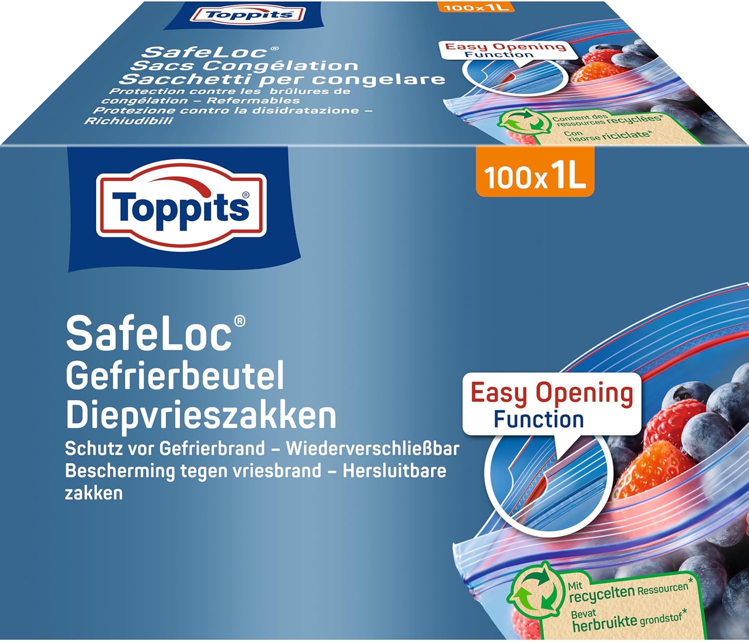 Toppits SafeLoc Double Lock Freezer Bags - 100 x 1L Bulk Pack, Extra Thick & Tear-Resistant, Transparent, Ideal for Food Storage