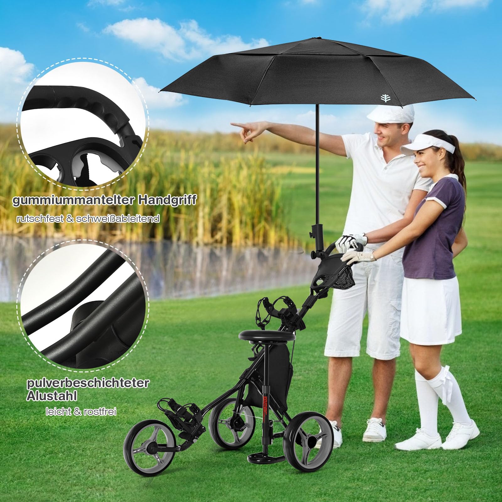 GOPLUS Golf Trolley, Golftrolley 3 Rad mit Verstellbarer Griff, Sitz & Fußbremse, Golfwagen klappbar mit Schirm- und Getränkehalter & wasserdichter Tasche, Golfcaddy Golf Push Cart