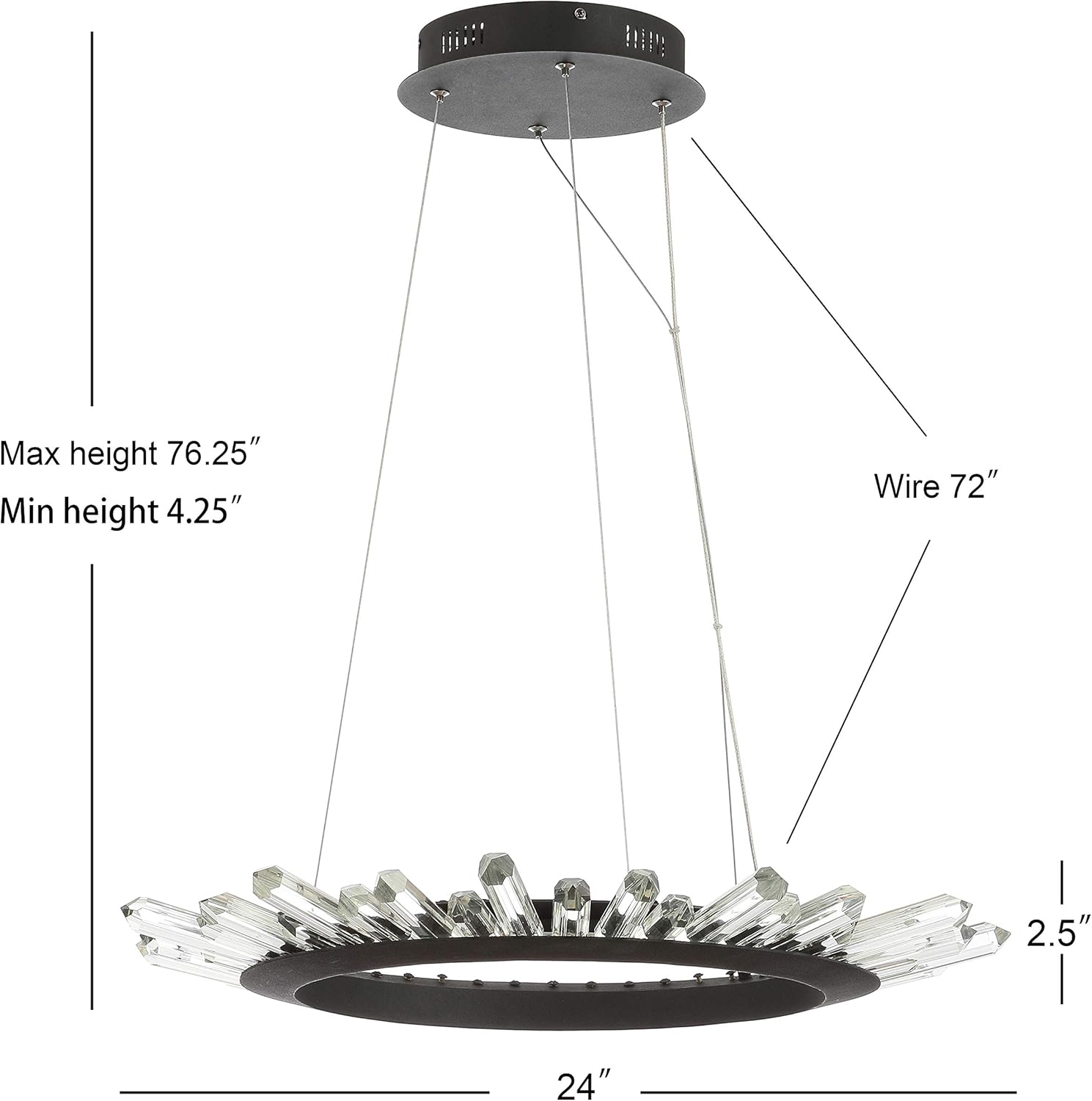 JONATHAN Y 24" Black Integrated LED Iron and Crystal Pendant Light, Adjustable Height Modern Minimalist Hoop Chandelier for Dining Room Entryway, Dimmable, ETL Listed JYL7212A
