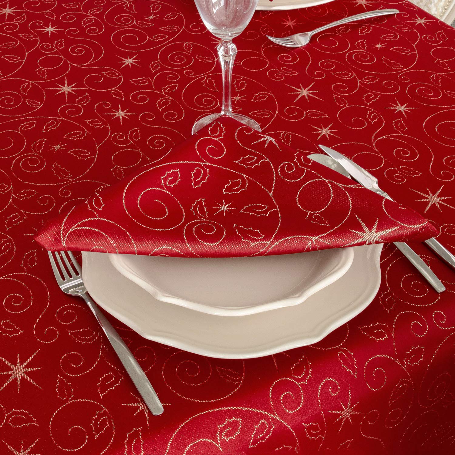 BGEUROPE Mantel antimanchas - Ref. Estrellas de Navidad - Rojo y plateado (150cm x 200cm)