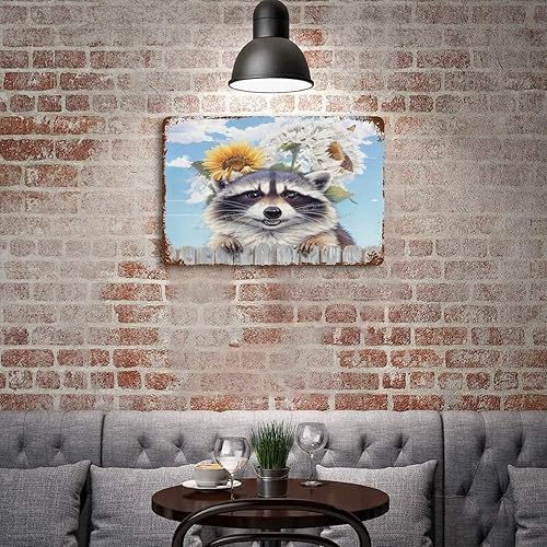 Miniatura 5 de Zomyto Cartel de metal con imágenes de mapache para pared, lindo mapache con girasol, letreros de lata novedosos para habitación de niños, póster de