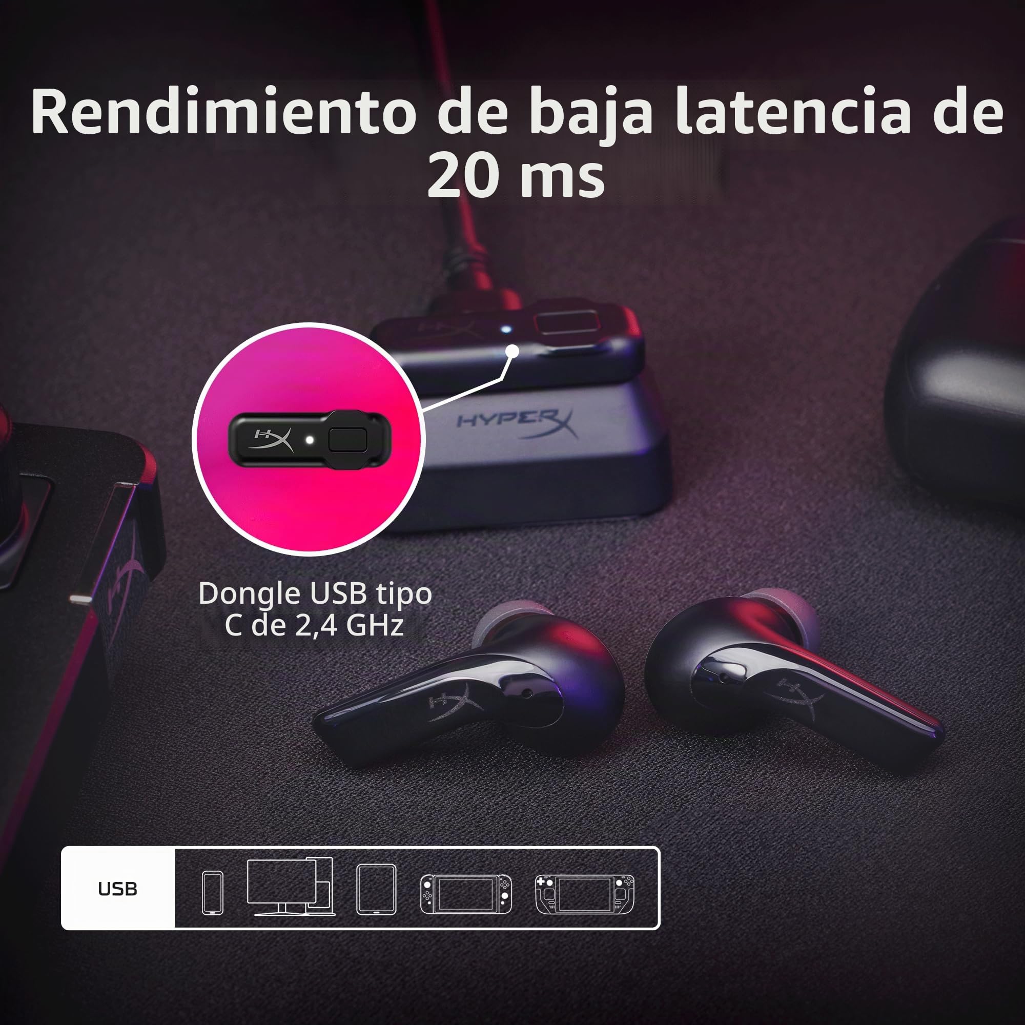 HyperX Cloud Mix Buds 2 - Auriculares inalámbricos para juegos, micrófono, dongle USB, baja latencia, color Negro