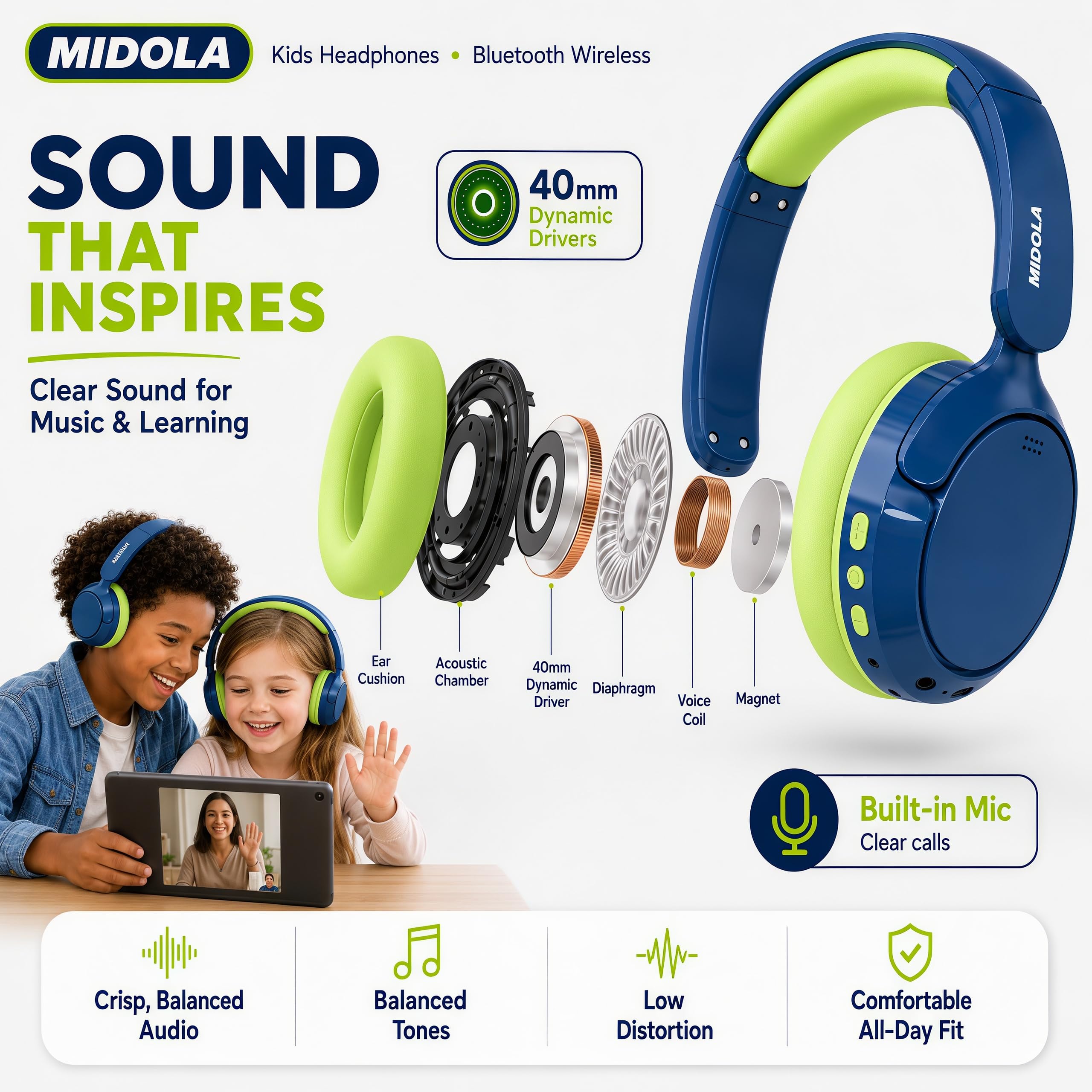 MIDOLA Kinder-Kopfhörer mit aktiver Geräuschunterdrückung, Bluetooth 5.4, kabellose Lautstärke, begrenzt 85/94 dB, Typ C, schnelles Aufladen, Over-Ear-Kopfhörer, faltbar, mit Mikrofon, AUX-Kabel, für