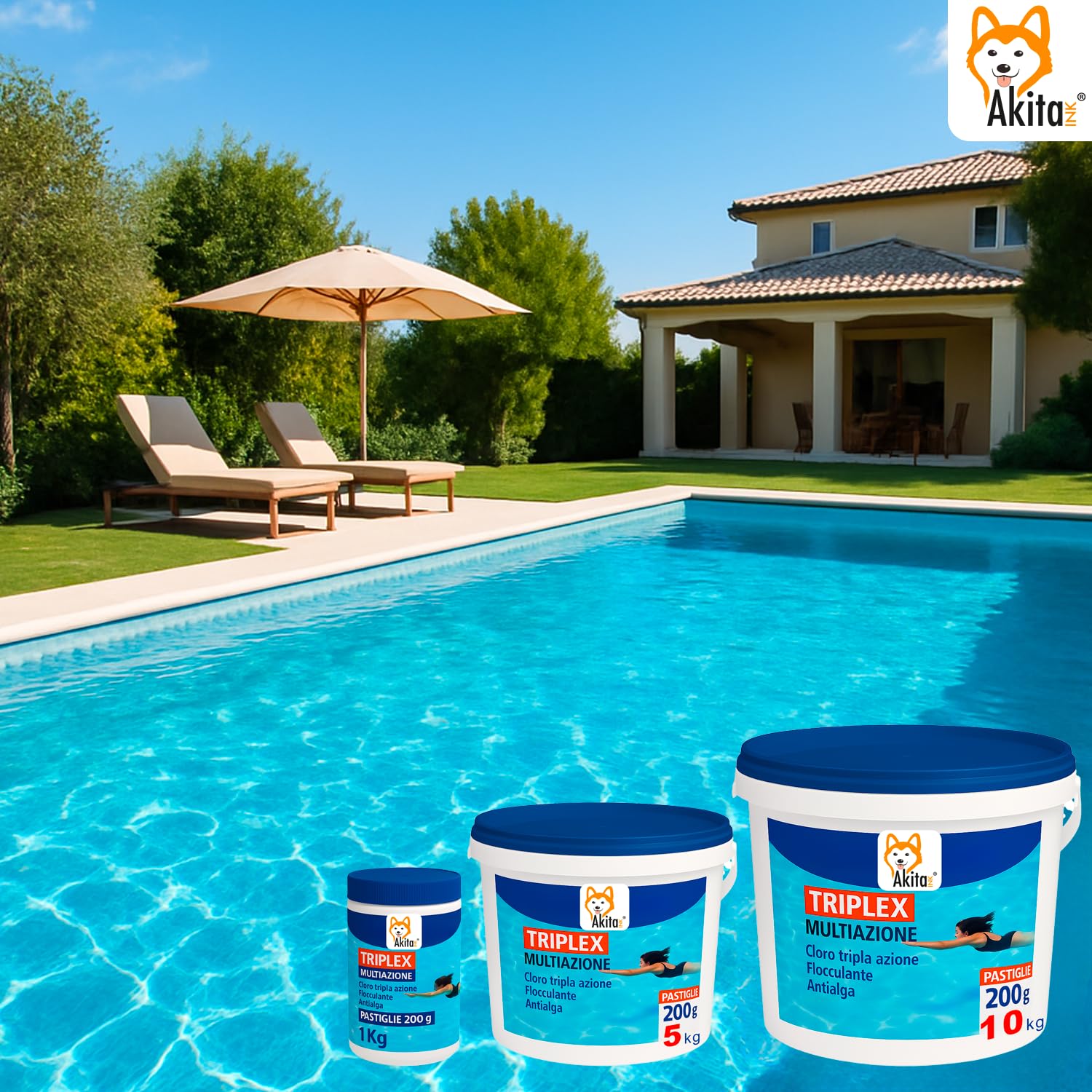 Akitaink Triplex Multiazione Pastiglie Cloro 3 in 1 per Piscina | Azione Lenta | Disinfettante, Antialghe e Flocculante | Secchio da 5 KG