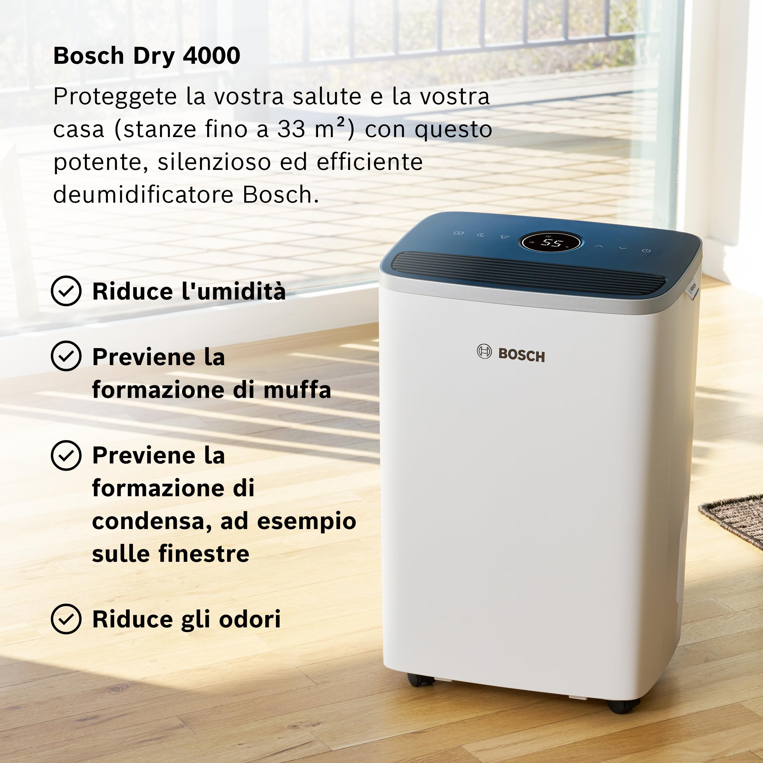 Bosch Dry 4000 - Deumidificatore - Facile. Efficiente. Tranquillo. Per la tua casa e la tua camera da letto - Per Stanze fino a 33 m² - Asciugatura rapida per il tuo bucato