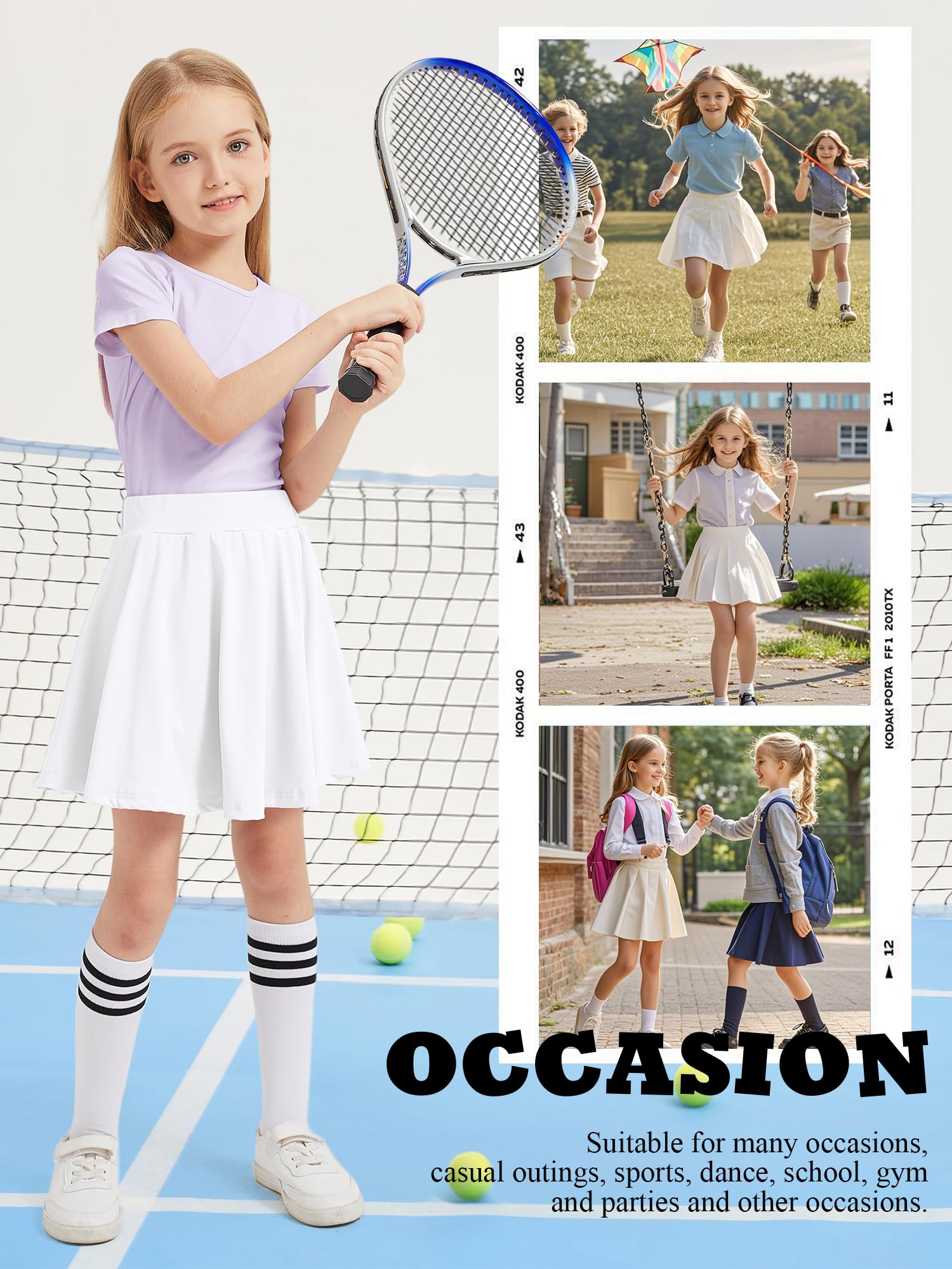 Falda para niñas Falda de Tenis para niños con Pantalones Cortos Cintura elástica Una línea Falda Escolar elástica