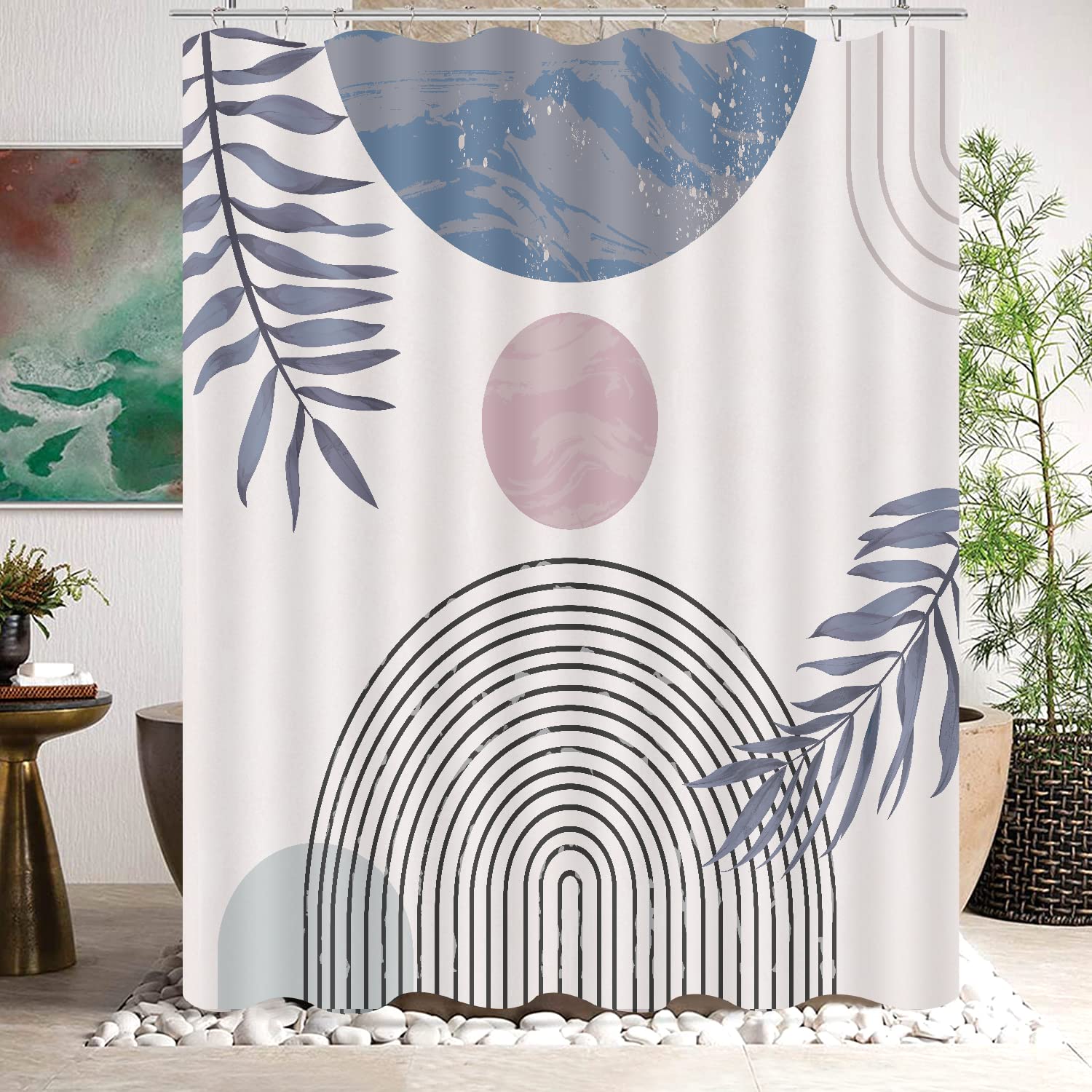 Cortina de ducha bohemia azul para baño, juego de cortina de ducha moderna de mediados de siglo, decoración de baño, accesorio de baño