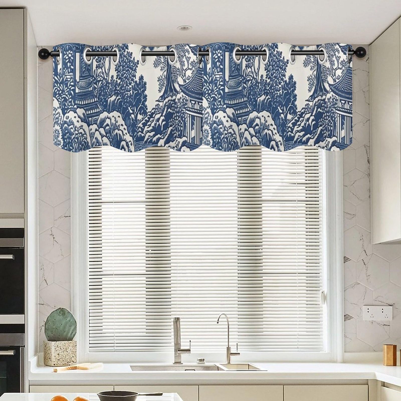 Rideaux courts orientaux haut de gamme : lot de 2 cantonnières chinoiserie bleu 132x45cm