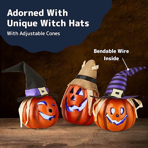 Miniatura 4 de Prextex - Juego de 3 piezas de decoraciones de calabaza de Halloween para porche decoración de linternas Jack-o-Lanterns luces de calabaza