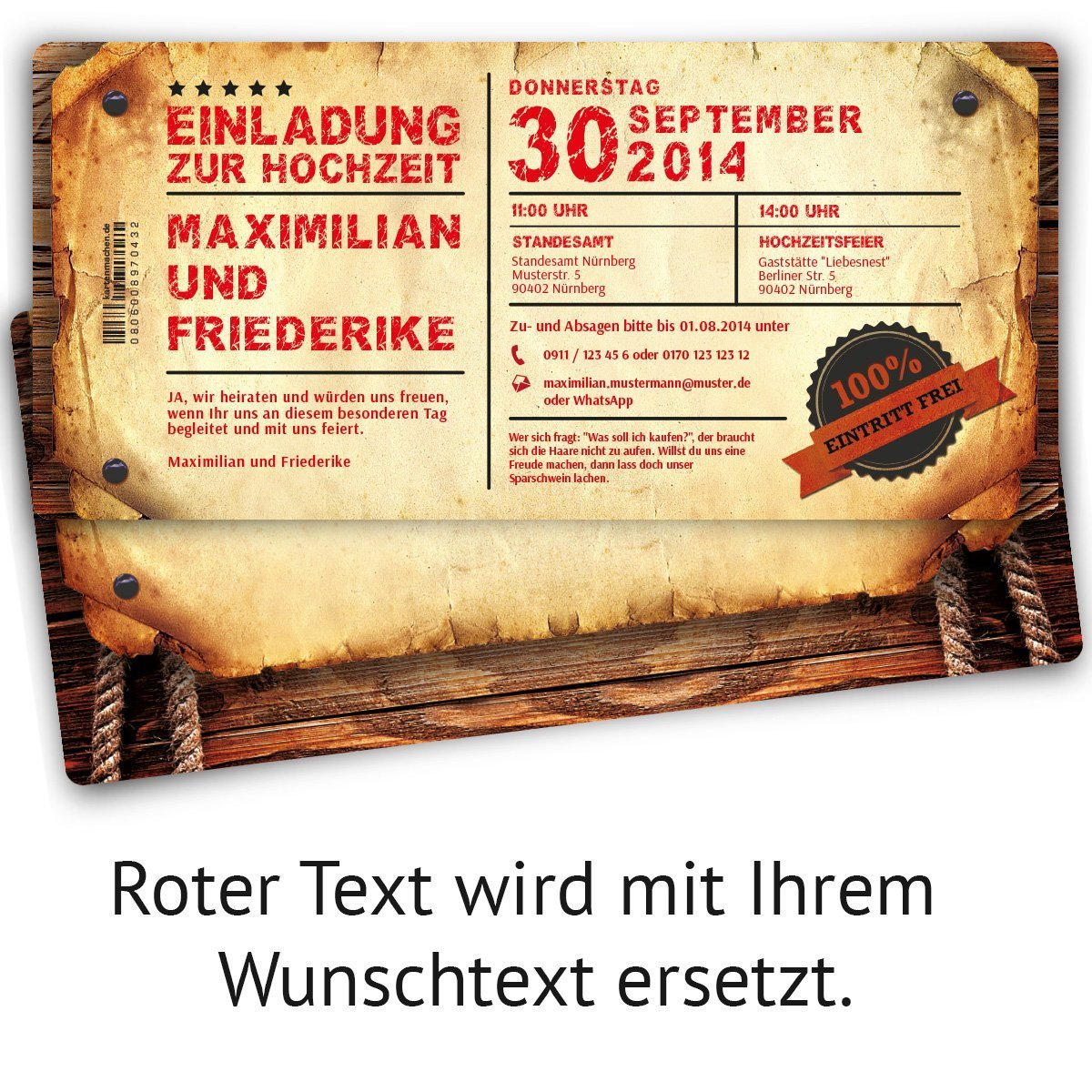 Einladungskarten zur Hochzeit (30 Stück) als Eintrittskarte im Vintage-Look Hochzeitskarten