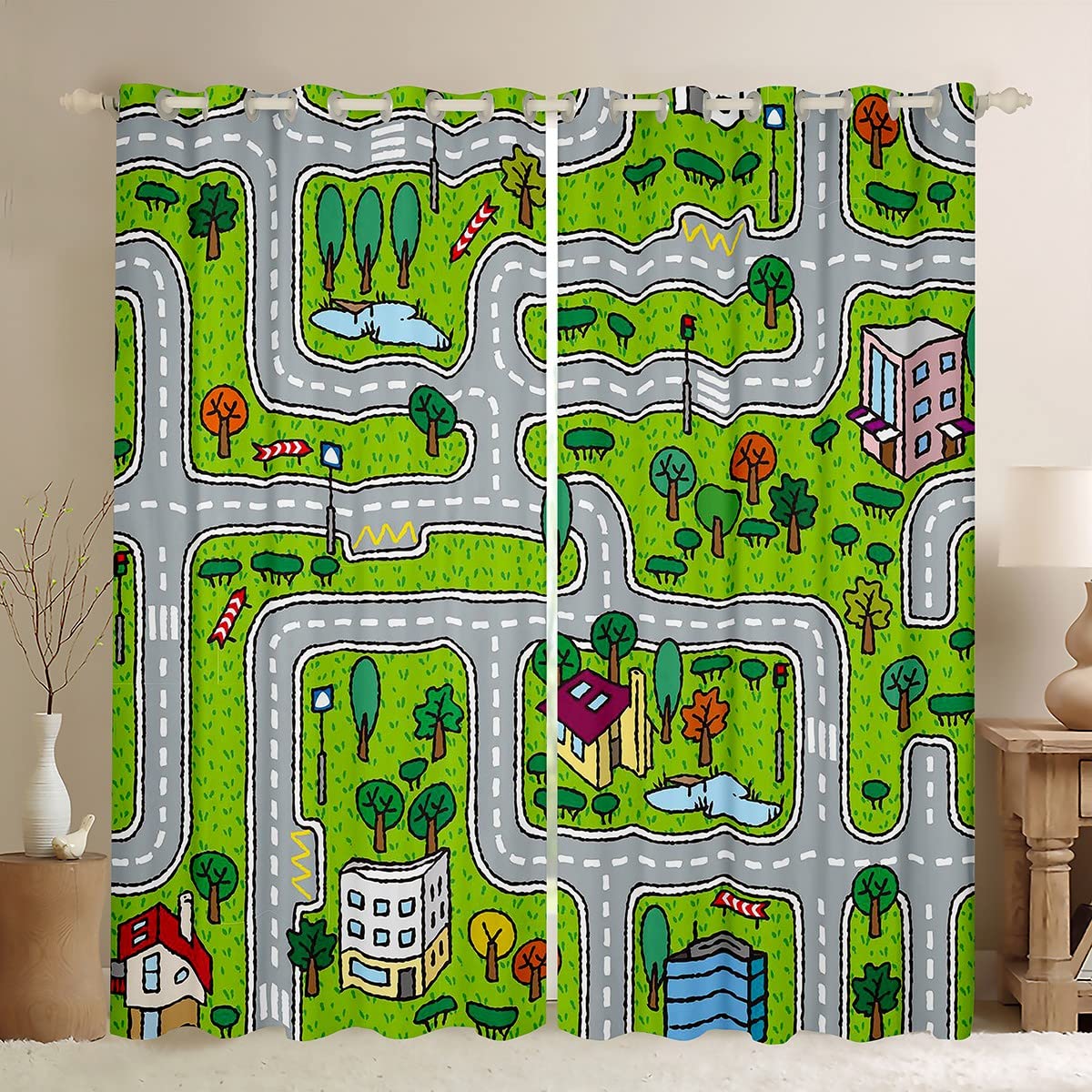 Loussiesd Kids Street Road Curtain Green Tree Blackout CurtainFor Boys Girls Children Darkening Curtain Cartoon Window Drapes Bedroom W46*L54 โ image 1