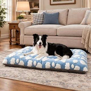 Washable Dog Bed for Small Medium Large Dogs, Blue Background with White Clouds Dog Crate Pad Soft Warm Dog Mat with Grey Warm-Keep Bottom, Suitable for 35" x 23" x1.9"