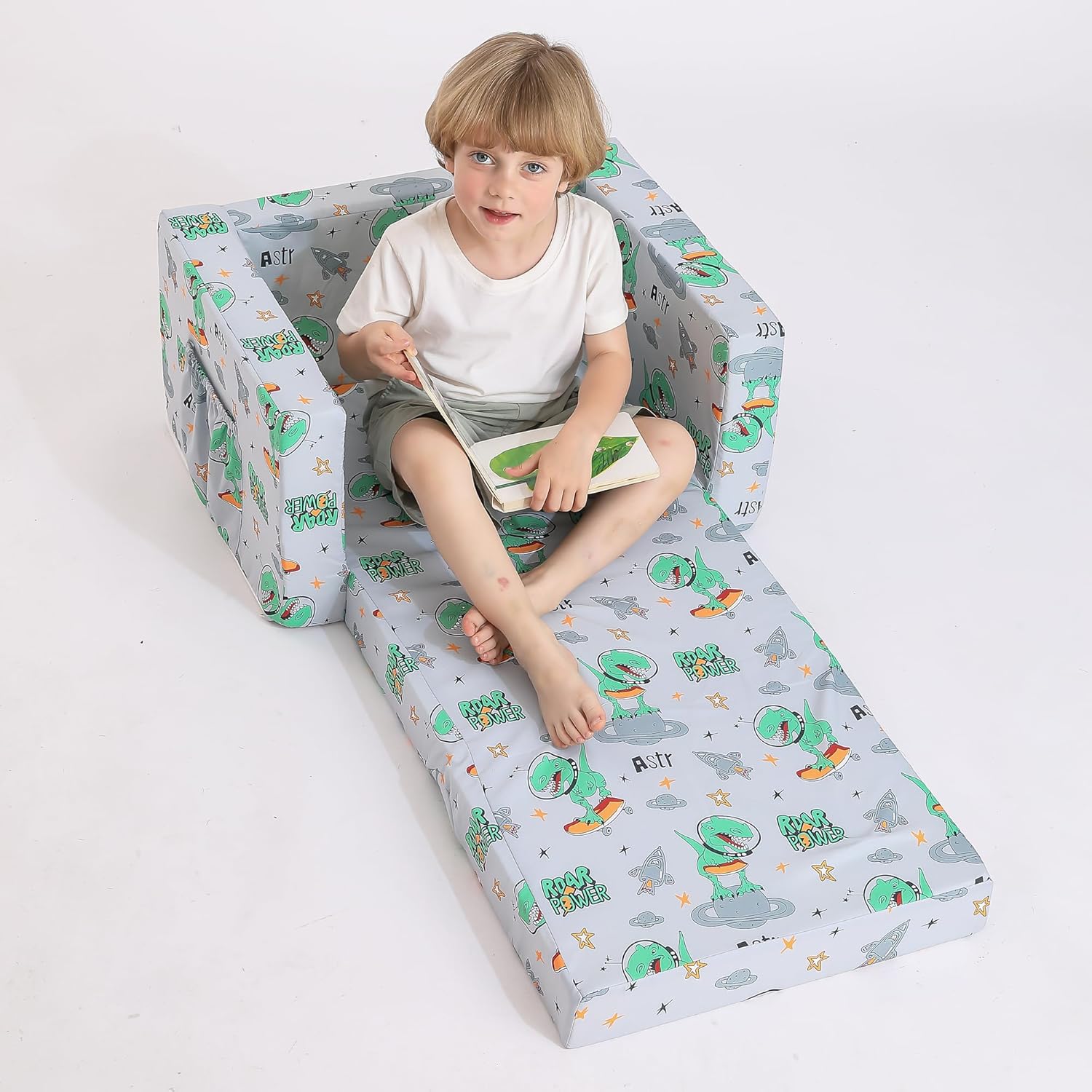 Kids Sofa for Toddler, 2-in-1 Toddler Couch Fold Out, Convertible Sofa to Lounger Bed for Girls and Boys, with Removable Cover & Double Pockets - Gray Dinosaur - Image 9