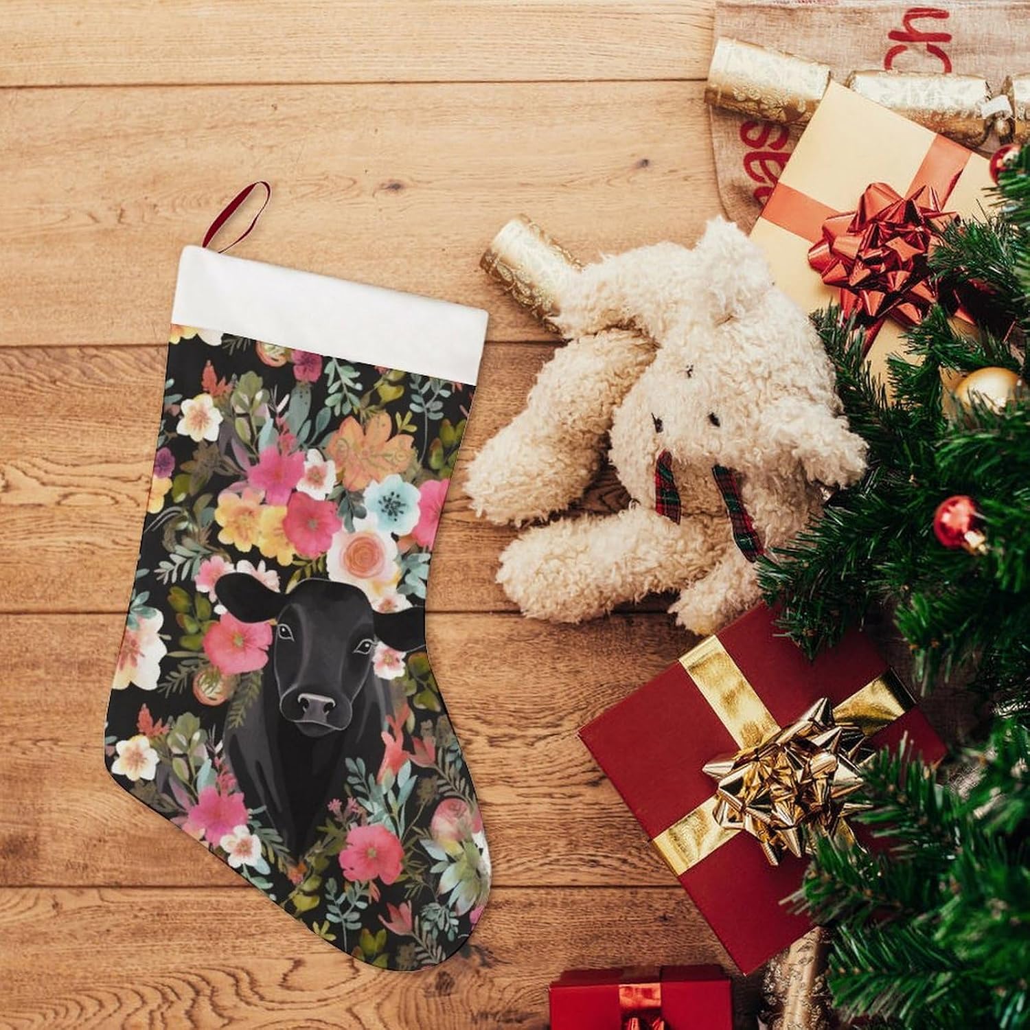 Christmas Stockings - Steer Floral Large Xmas Socks, Soft Plush Fireplace Stocking with Hanging Loop, Santa Holiday Decor for Family Party Christmas Tree Decorations image 5