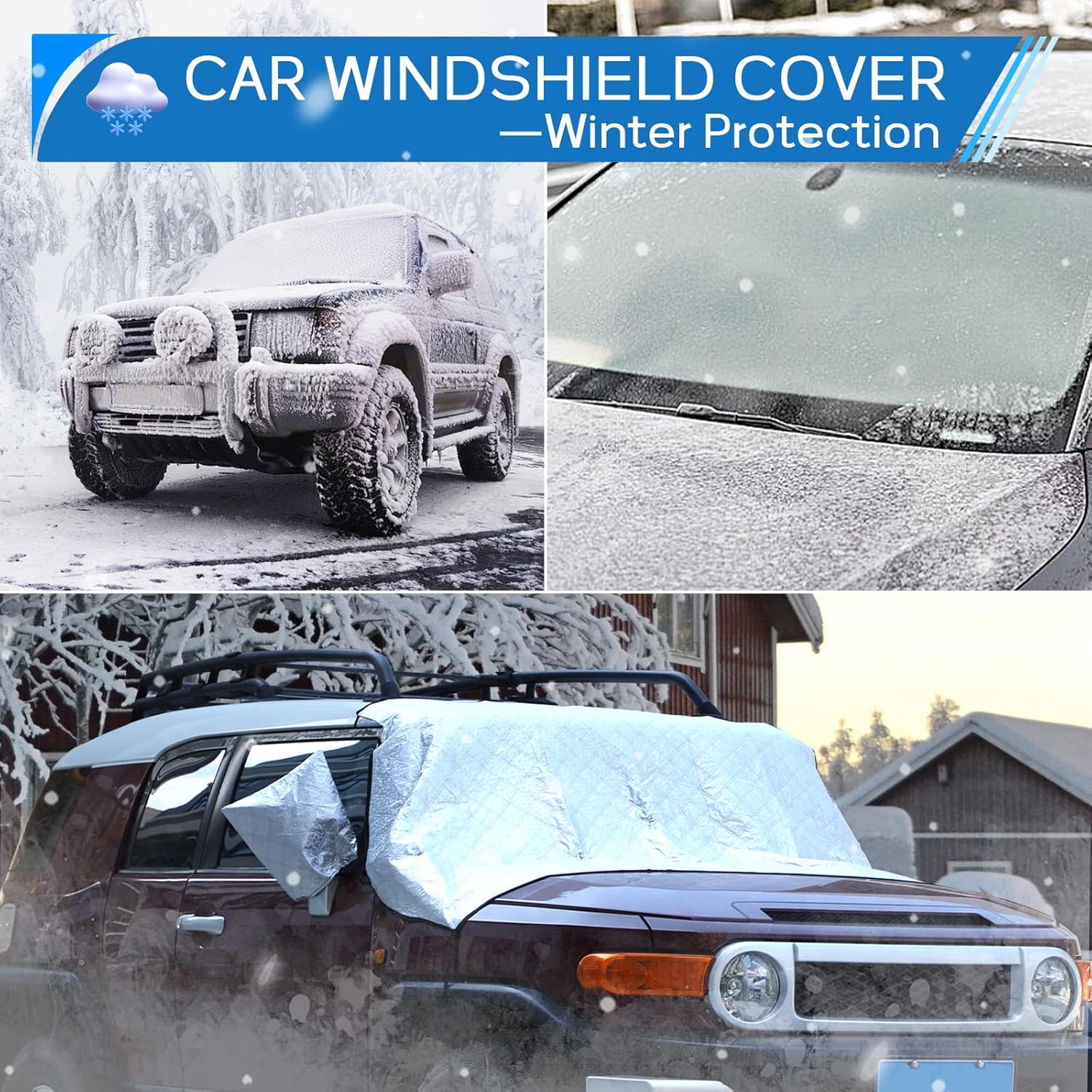 Car Windshield Snow Cover Compatible with Toyot@ FJ Cruiser 2007-2021 Front Windshield Ice Snow cover，with Side Mirror and Hook Foldable Windshield Ice Snow Protects Cover Accessories (silver)