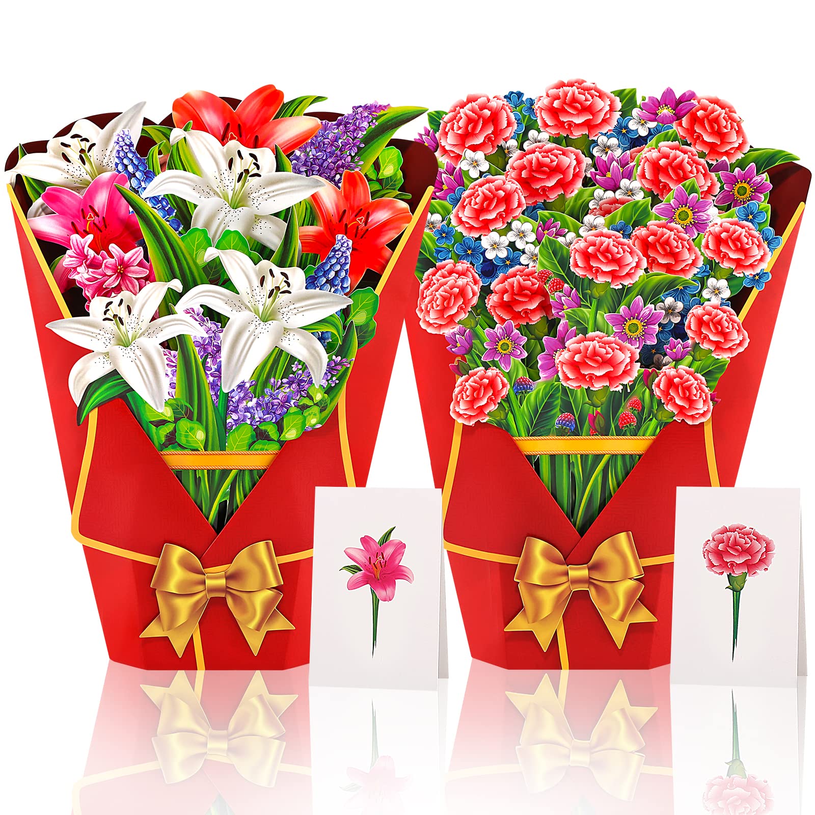 Photo 1 of Milolo 3D Pop-Up Greeting Card,2Pcs 13 Inch Forever Lilies and Carnations Flower Bouquet, with Note Card and Envelope and Gift bags,Birthday Card for Mom Gifts for Women C-Lilies and Carnations