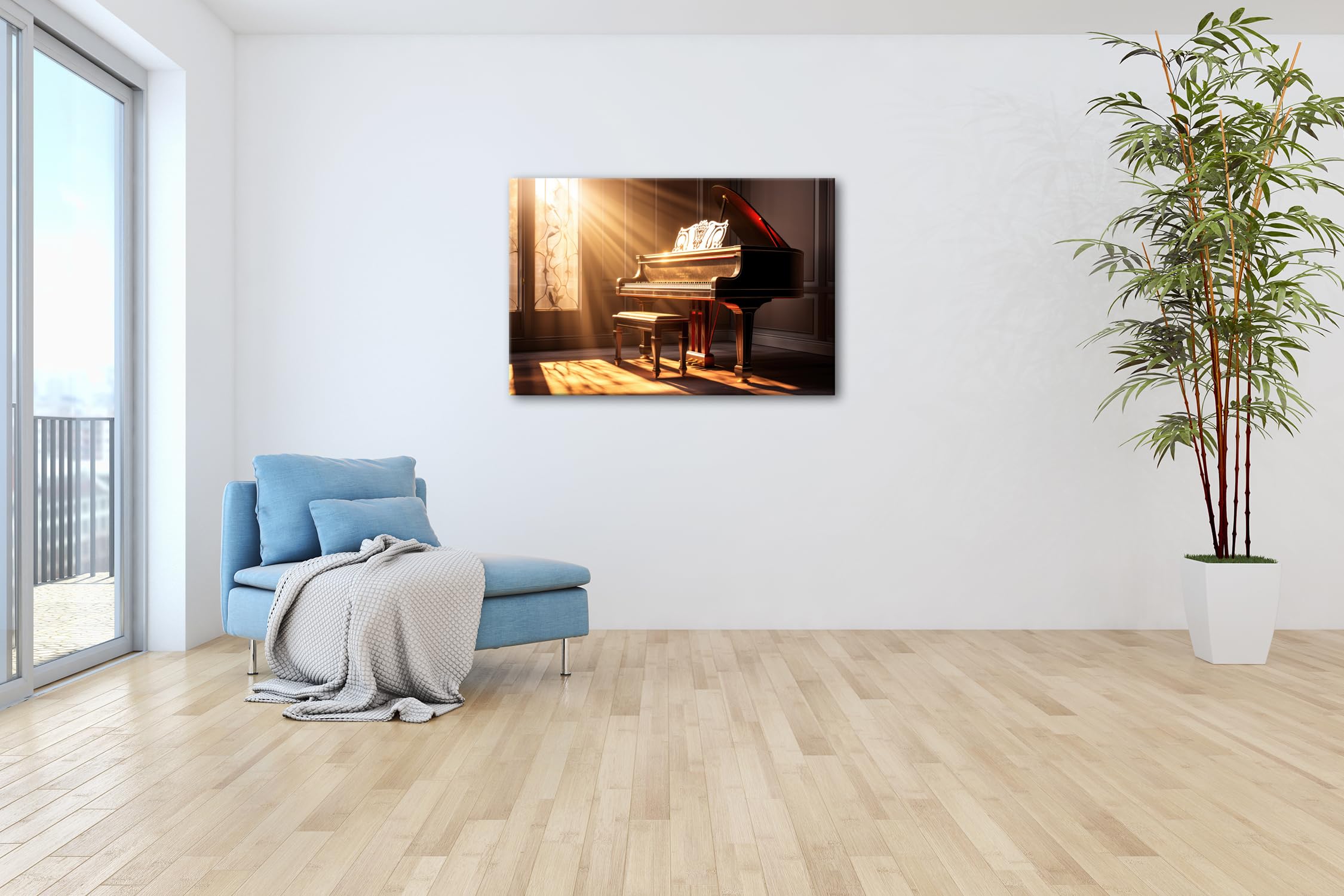 deyoli Leinwandbild Sonnenküsse auf Tasten – ein Klavier im goldenen Morgen. Format: 100x70cm XXL Kunstdruck Bild auf Keilrahmen/Wandbild/Wohnzimmer Dekoration