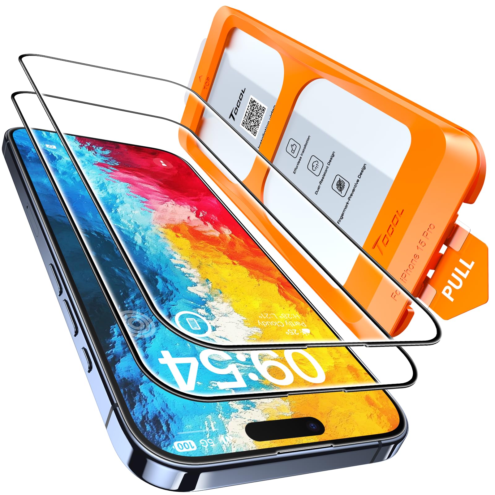 TOCOL 2 Pack for iPhone 15 Pro Screen Protector 6.1-Inch, Instant Installation, 14FT Military Grade Shatterproof, HD Clear 9H+ Hardness Tempered Glass, Case Friendly, Full Coverage Protection
