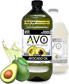 AVO ORGANIC AVOCADO Oil Frying, Baking, Non-stick Sautéing, Salads, Vinaigrette, Marinades, Pan Coating, General Cooking 64 Fl-oz (Half a Gallon), NO preservatives added, Naturally Processed