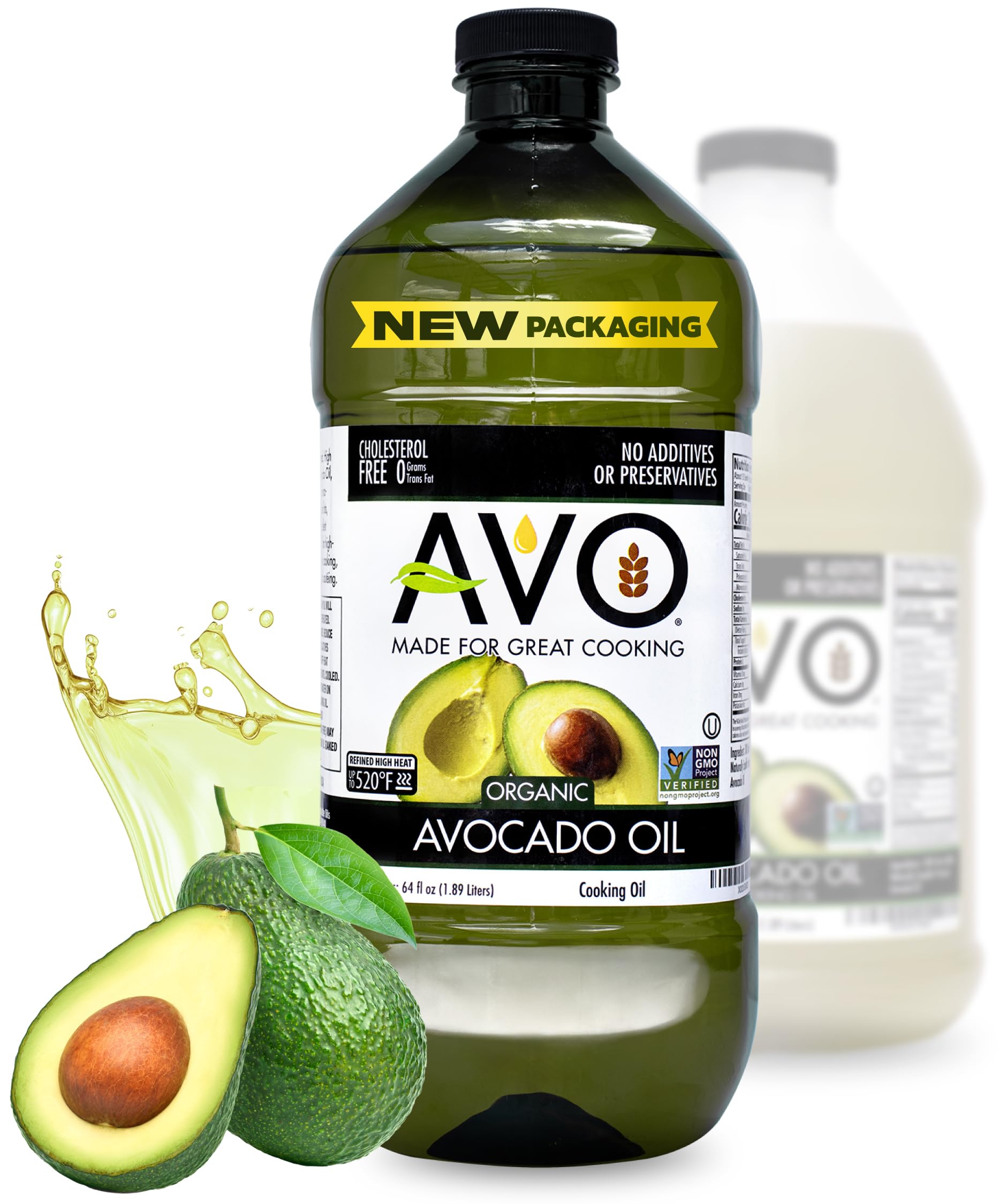AVO ORGANIC AVOCADO Oil Frying, Baking, Non-stick Sautéing, Salads, Vinaigrette, Marinades, Pan Coating, General Cooking 64 Fl-oz (Half a Gallon), NO preservatives added, Naturally Processed