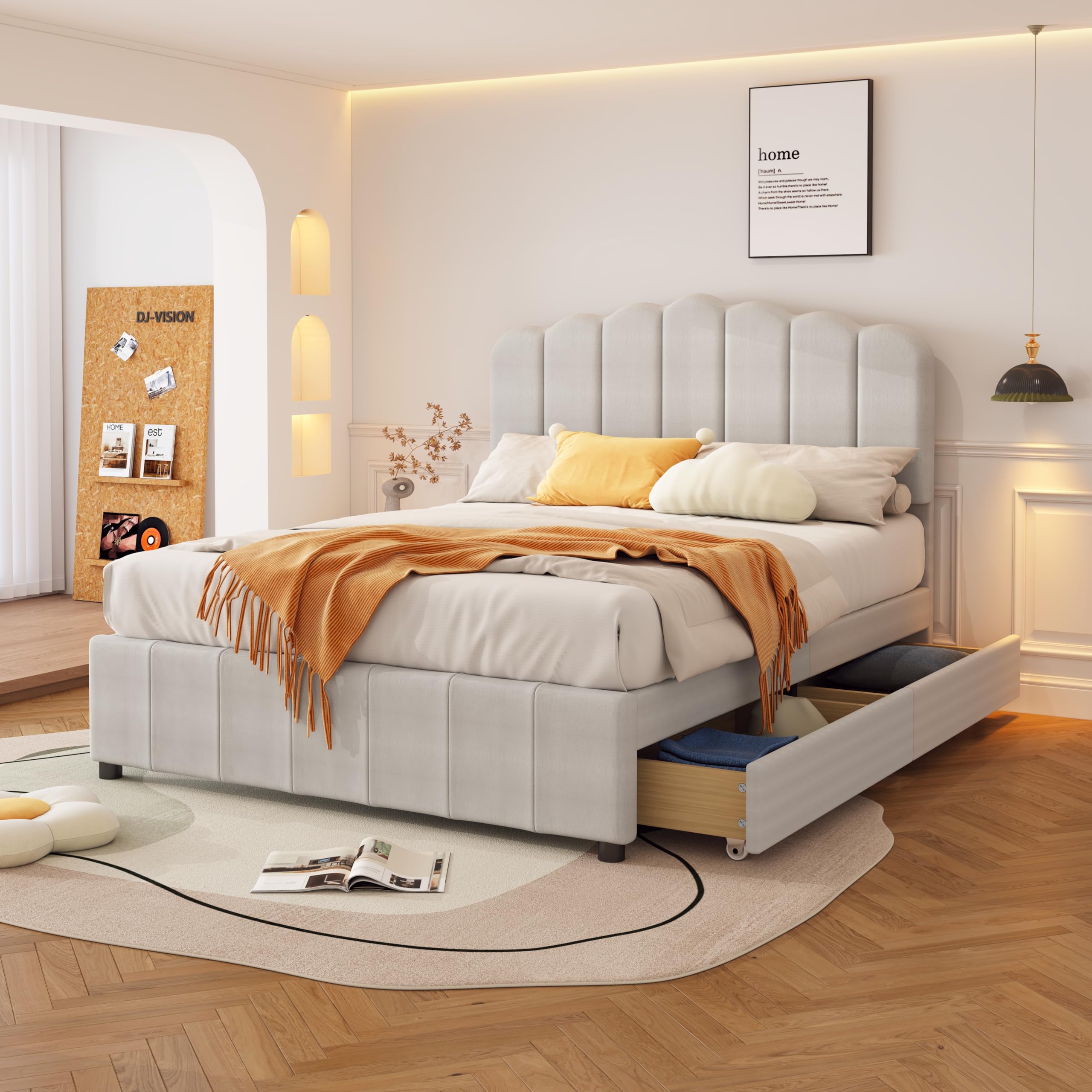 DNYN Full Size Upholstered Platform Bed with Storage Drawers for Kids Bedroom,Wooden Bedframe w/Linen Headboard,Super Save Space & No Box Spring Needed, Beige