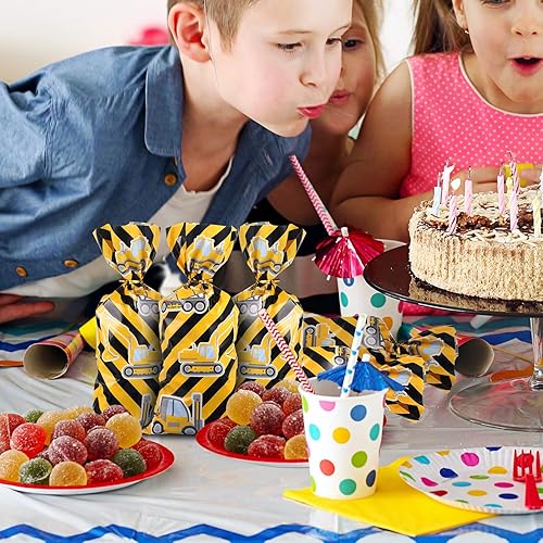 Miniatura 5 de Gejoy 100 bolsas de regalo de fiesta de construcción con temática de camión, bolsas de celofán con 100 lazos dorados para decoración de suministros