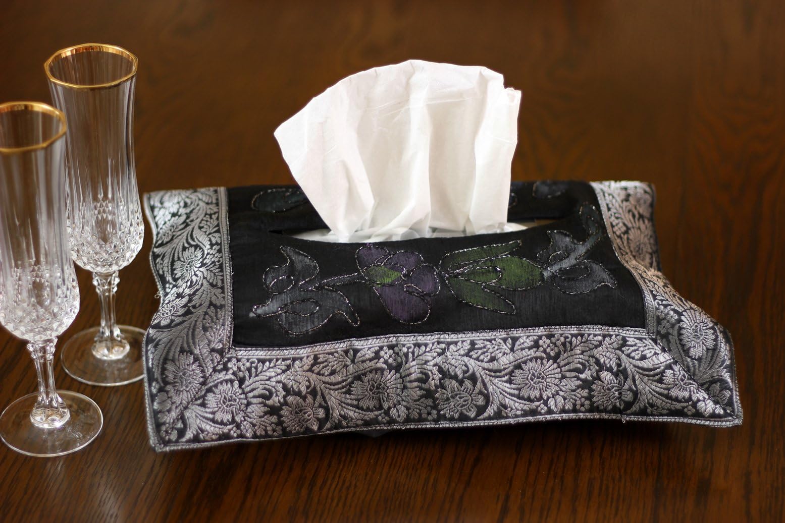 Banarsi Designs Hand Painted Deluxe Floral Tissue Box Cover (Mystic Black)