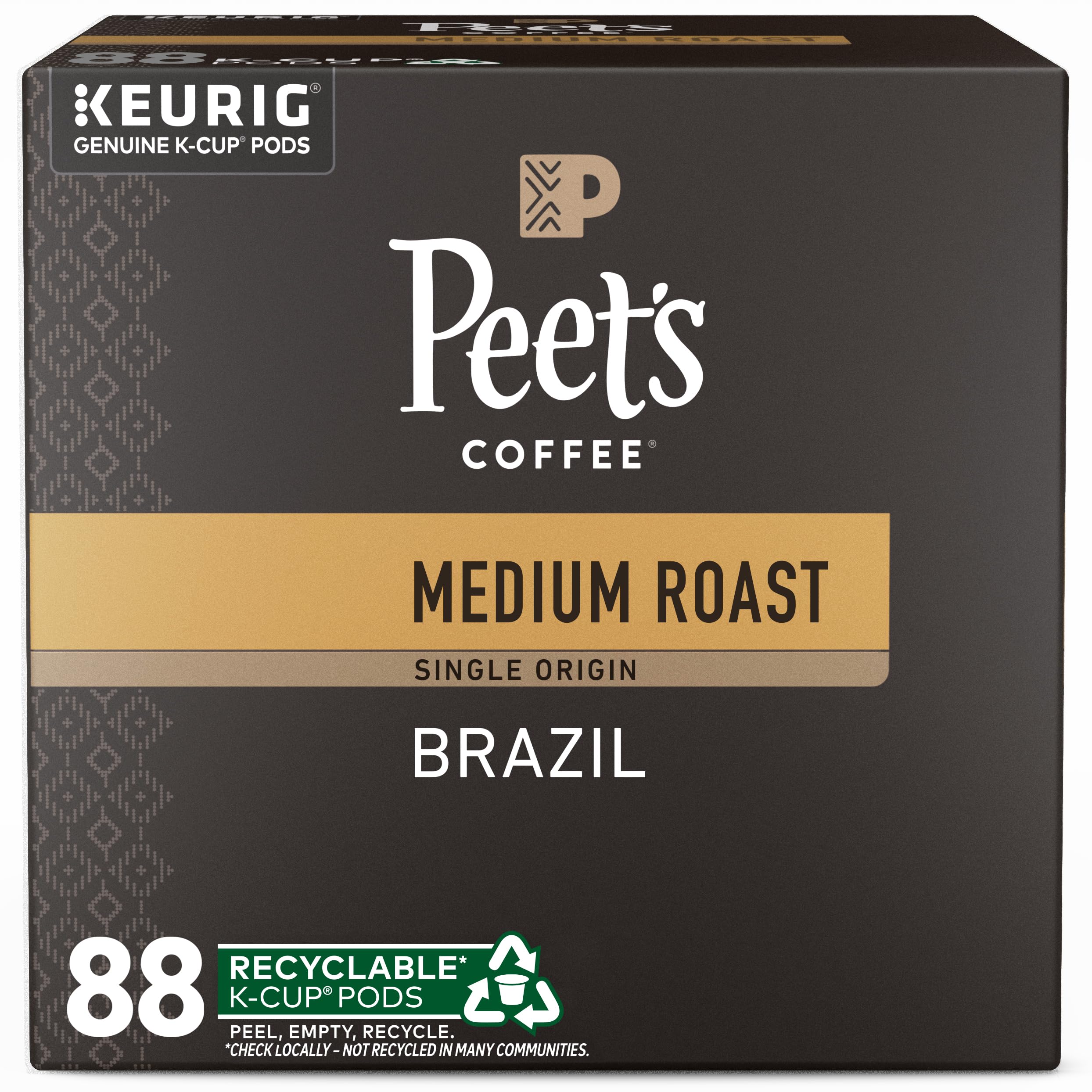 Peet's Coffee, Medium Roast Keurig K-Cup Pods, 100% Arabica Coffee - Single Origin Brazil 88 Count (4 Boxes of 22 Pods) Brazil 88 Count (Pack of 1)