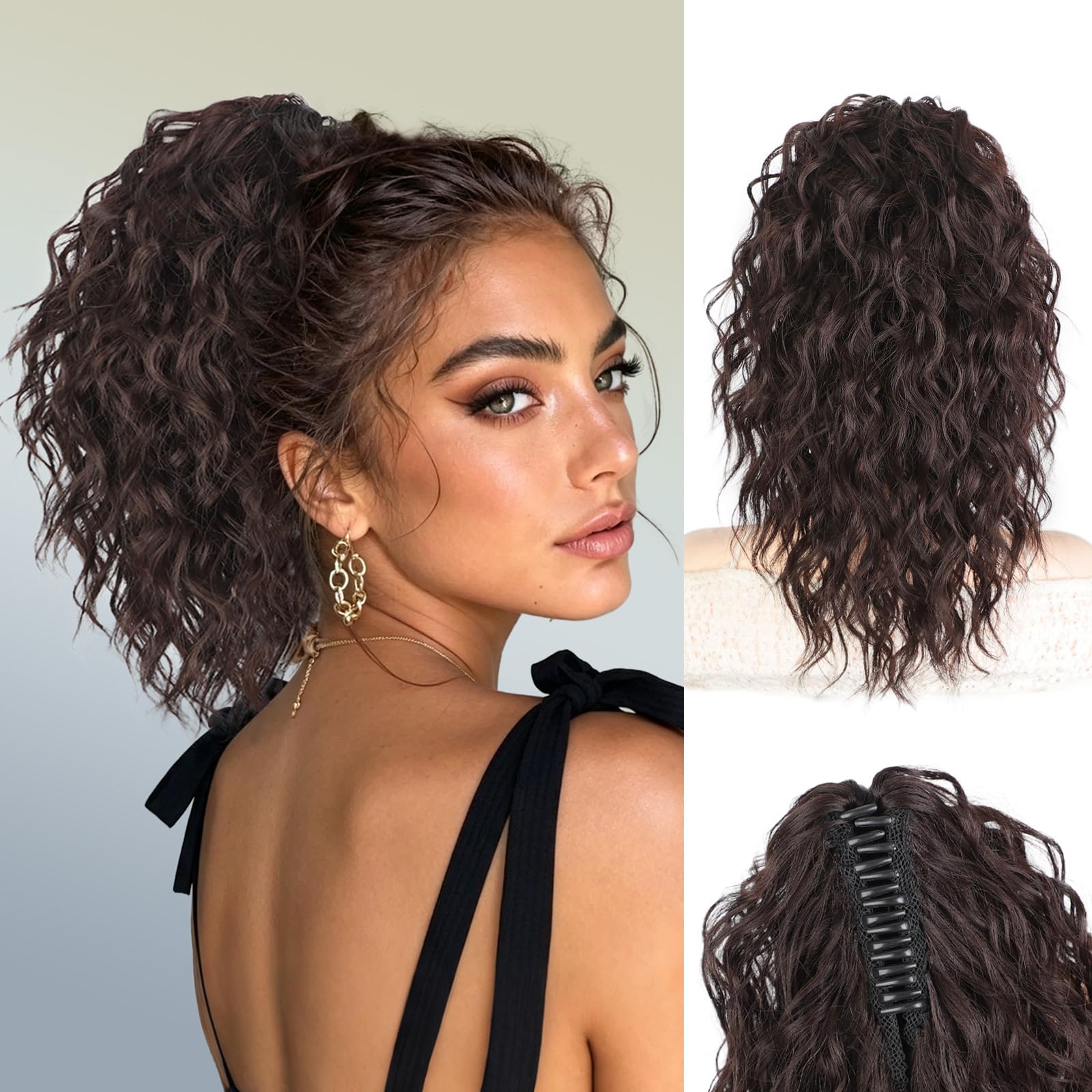 Photo 1 of QGZ 14" Claw Clip Ponytail Extension - Dark Brown, Fluffy Layered Wavy Hairpiece