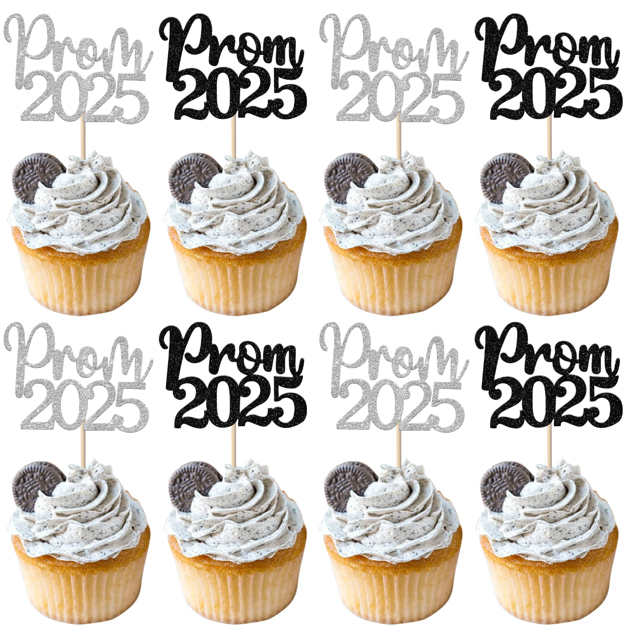 24 Pack Prom 2025 Graduation Cupcake Toppers Glitter 2025 Prom College Cupcake Picks for Congrats 2025 Graduation Class of 2025 Theme School Party Cake Decoration Supplies Black Silver