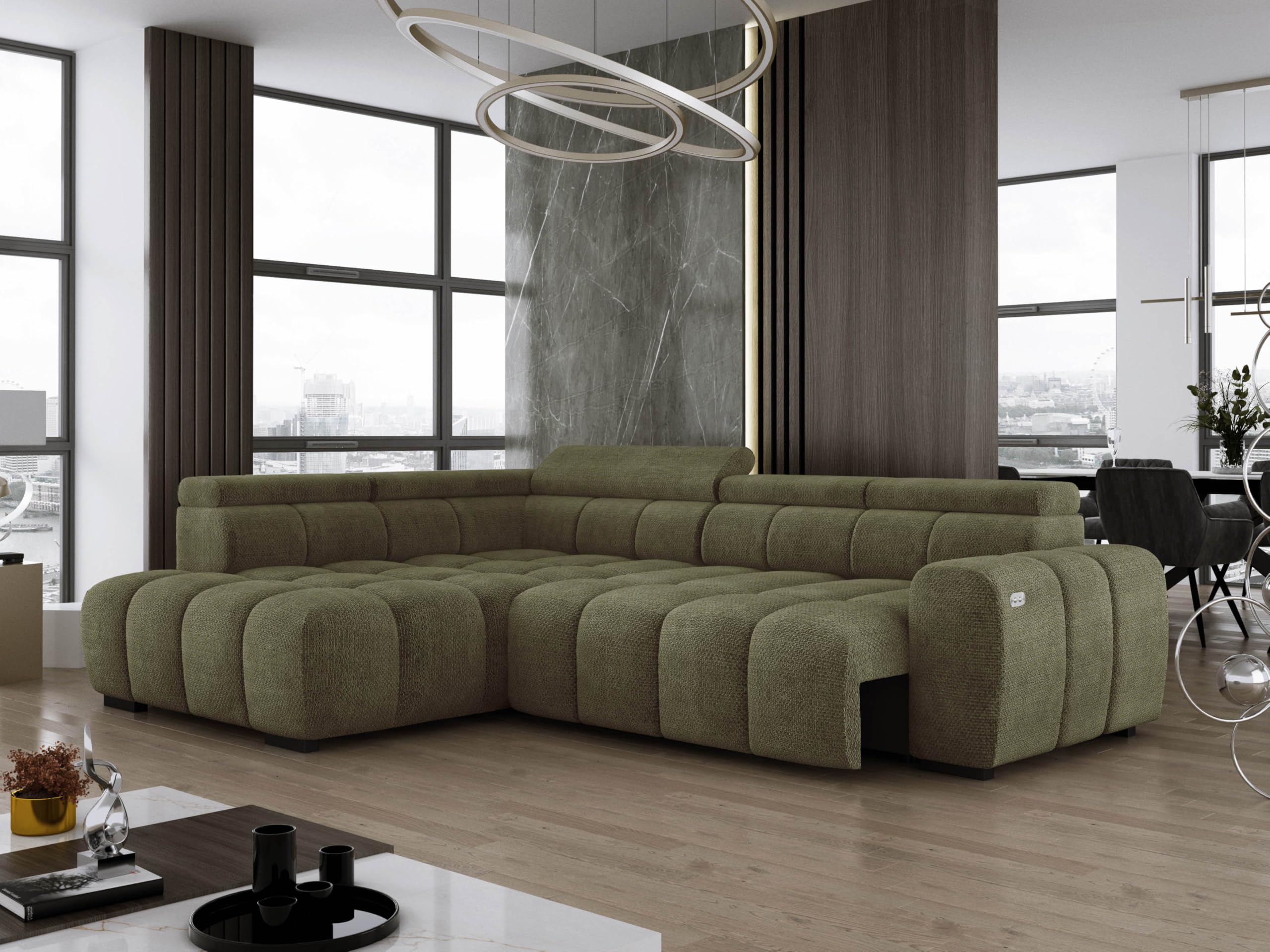 DomoHome Freistehend Ecksofa Ombo 297x137cm, L-Form, GRÜN mit Schlaffunktion 125x193cm, Sofa mit Verstellbarer Rückenlehne, Strukturstoff Eden, Verstellbare Kopfstütze