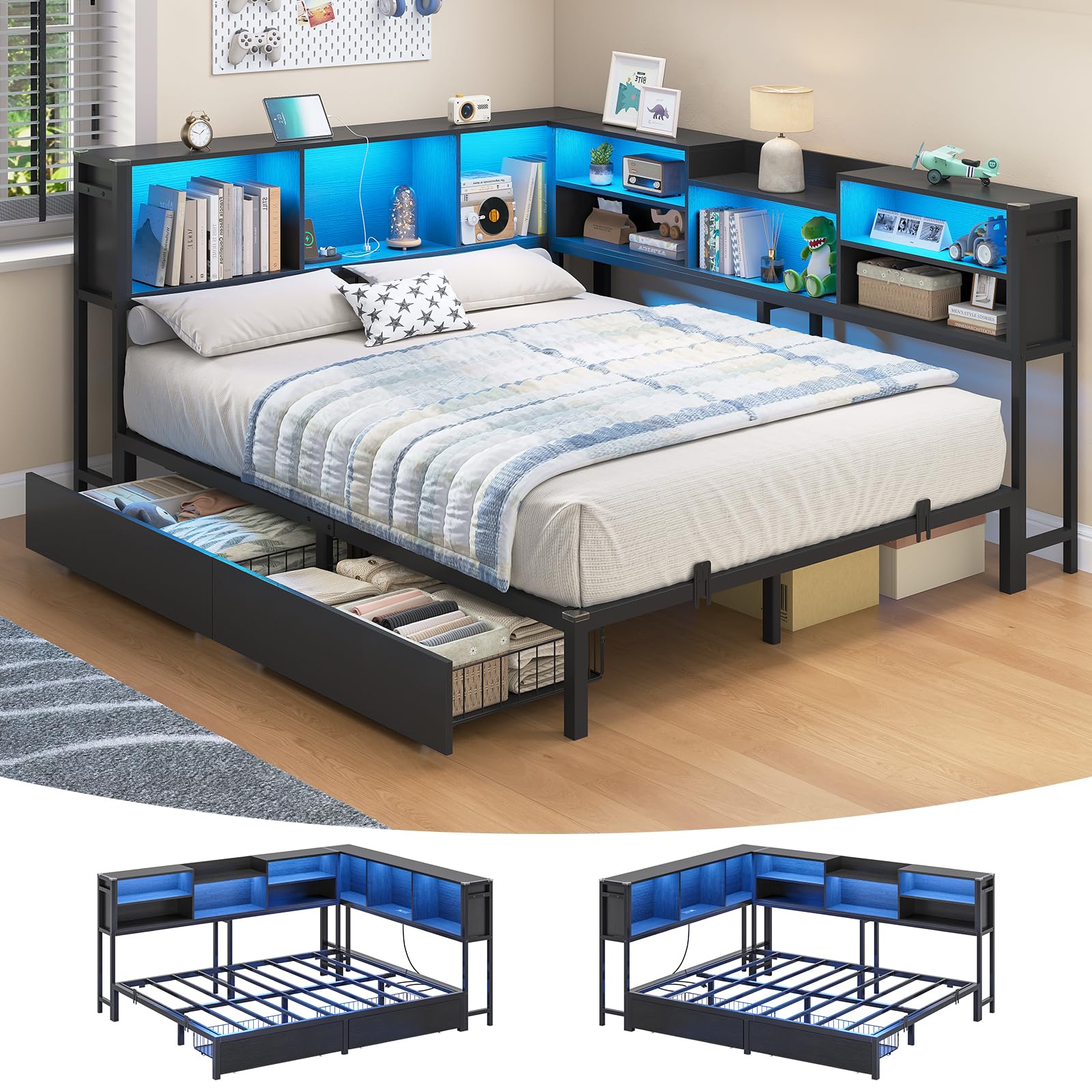 Hasuit Corner Bed Frame Full with 2 Drawers and Storage Bookcase, Daybed with Charging Station and LED Lights, Metal Platform Bed with Bookshleves,