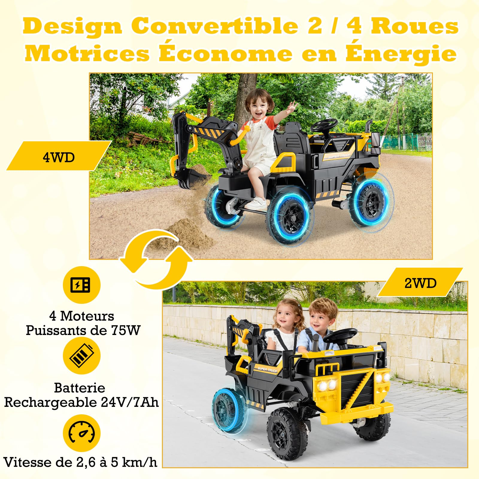 COSTWAY 24V Voiture Excavatrice Électrique Enfant avec Télécommande & Pelle, Camion Électrique 2 Places avec Musique & Lumières & Klaxon, 2,6-5km/h, Charge 25kg, Tracteur pour 3 Ans+, Jaune
