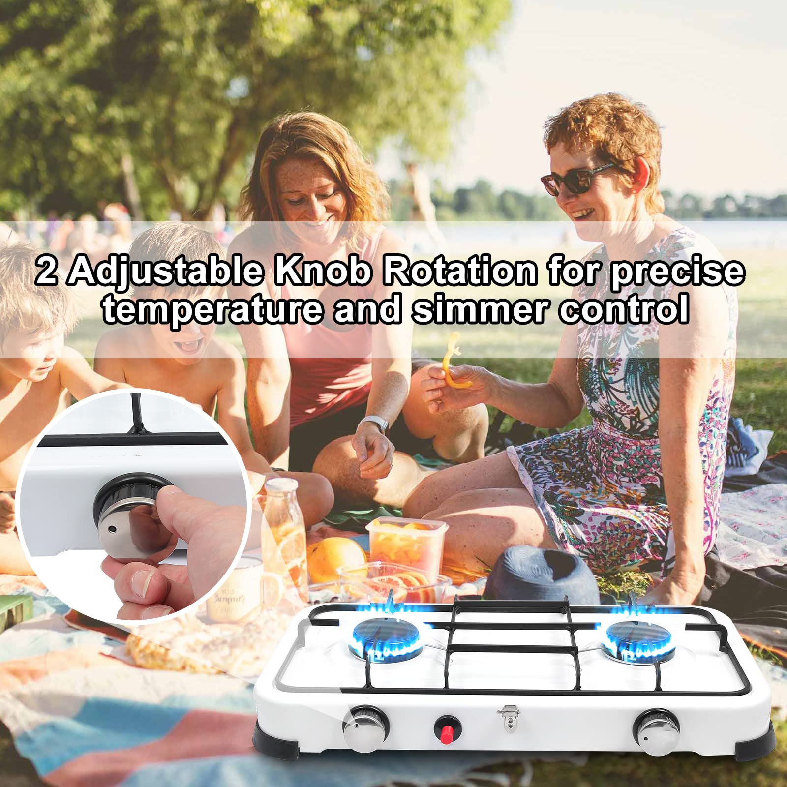 Rechaud Gaz 2 Feux Portable, 4.4KW Réchaud Gaz-GPL Camping Auto-Ignition pour Extérieur avec Tuyaux 150 cm et Régulateur de 37 mbar, Réchaud Gaz Couvercle Détachable