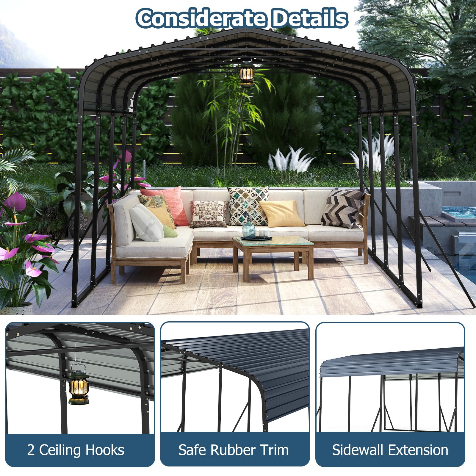 GOPLUS Cobertizo de Coche de Metal, 440 x 300 x 250 cm, Refugio de Vehículo con Techo Duro, 4 Patas Inclinadas y Anclajes de Fijación para Exteriores, Carpa Al Aire lIbre para Camiones, Tractores, Suv