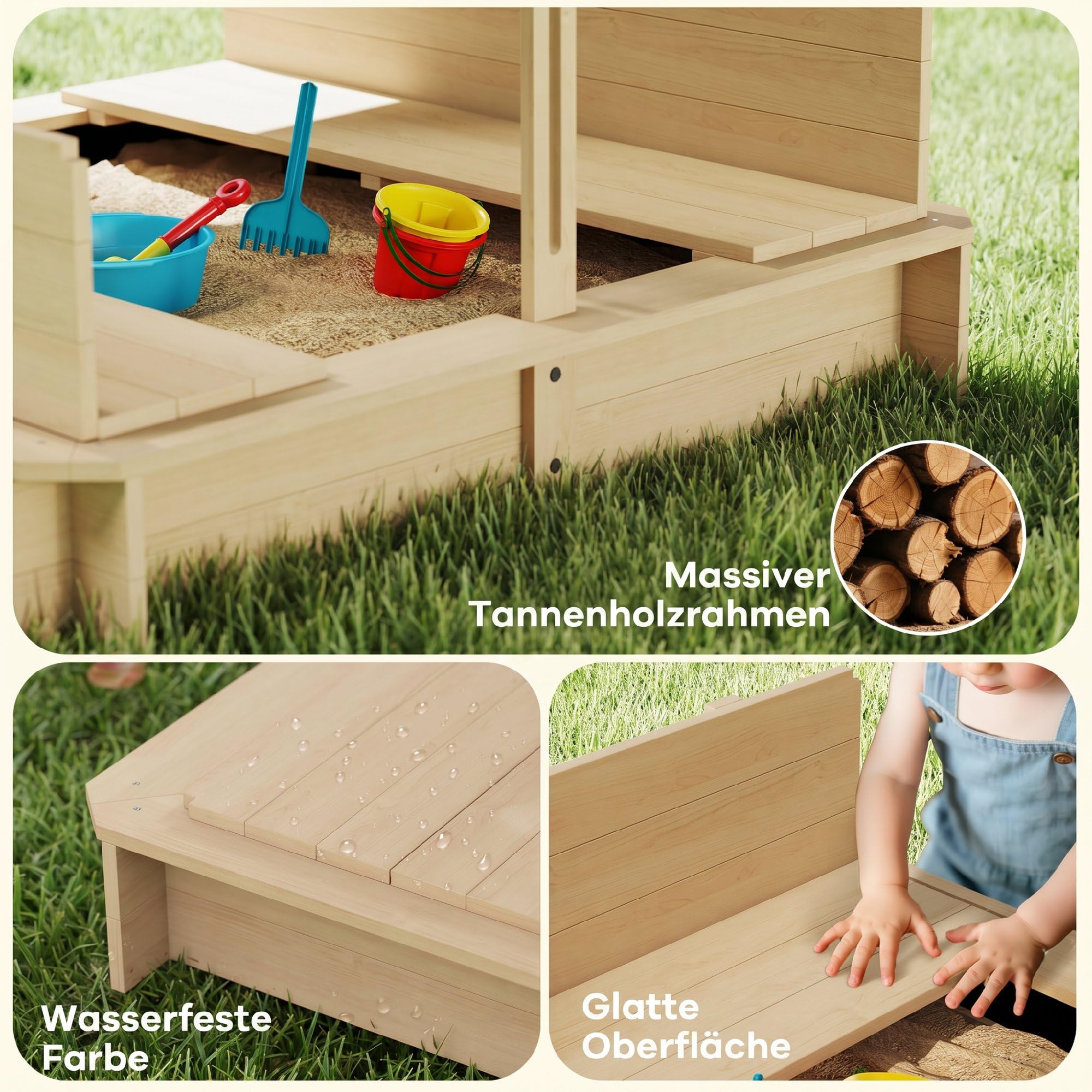 Outsunny Sandkasten Kinder 106x106 cm Höhenverstellbar Abdeckung Blau | Sandkiste Sandbox Aus Holz, Sitzbänken Mit Rücklehnen, für Outdoor Garten Terrasse Balkon