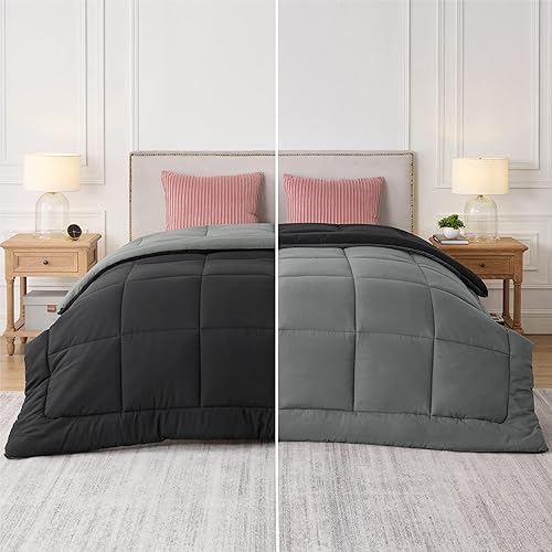 Bedsure Edredón tamaño individual XL, ropa de cama para dormitorio, color negro y gris, extra largo, edredón acolchado para todas las estaciones con