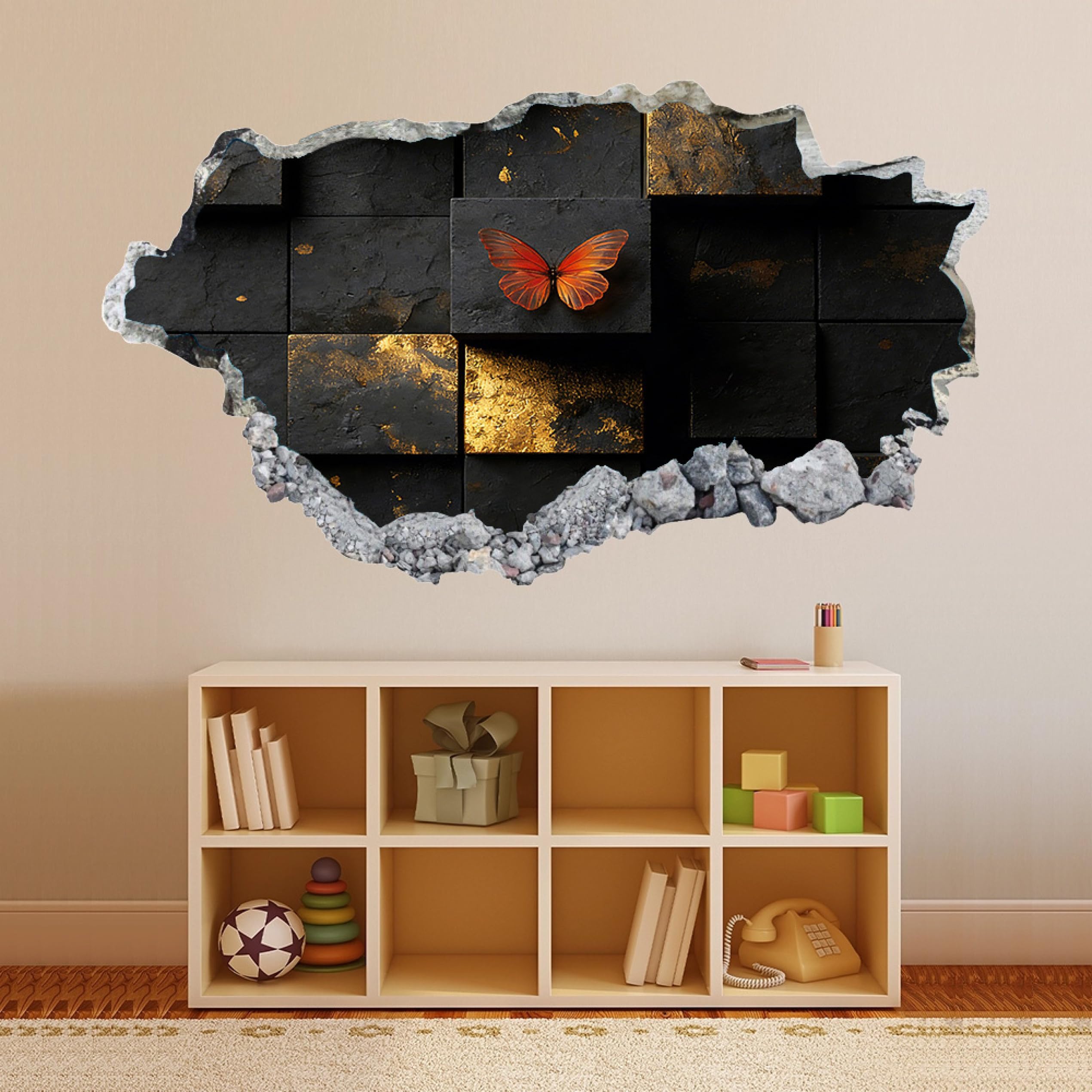 Calcomanía rota 3D Geometría De Mariposa Adhesivo para despegar y pegar, Tatuaje de pared Dormitorio Guardería Habitación Decoración Mural Decoración para el hogar 70x122cm