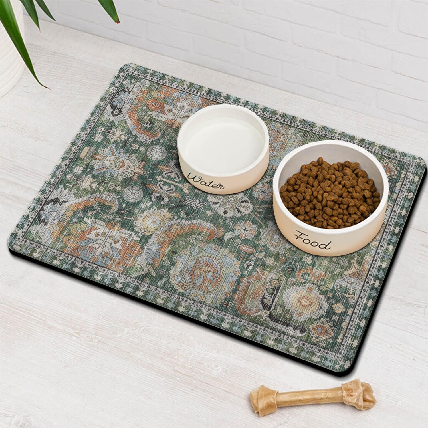 Vintage Tribal Dog Food & Water Mat, Boho Pet Feeding Mat for Floor Non-Slip Waterproof, Super Absorbent Cat Bowl Mat, Easy to Clean Durable Pet Placemat,12" × 20"