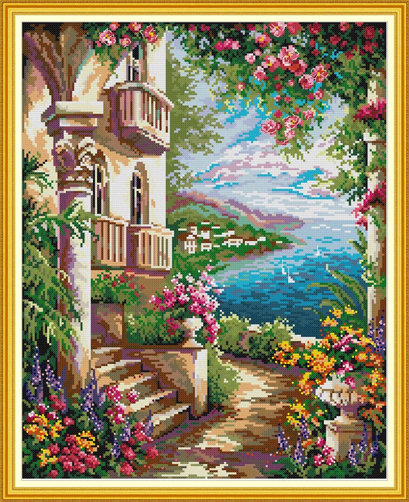 ABEUTY Cross Stitch Kits for Adults Beginners Pre Printed or NOT, Colorful Flowers Garden DIY 14 Count Embroidery Sewing Starter Kit Stamped or Unstamped Needlework Home Decor (Stamped, Garden) — image 1