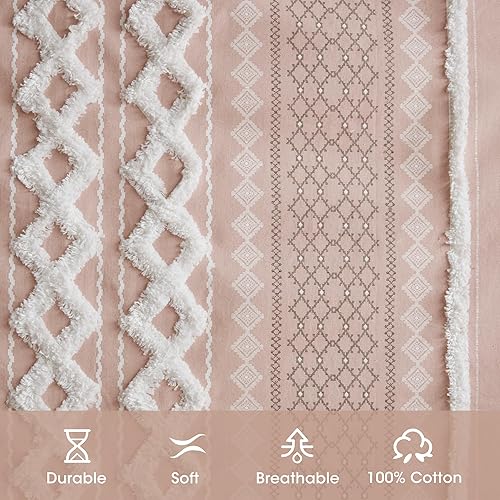 Miniatura 3 de INK+IVY - 1 Cortina Imani 100 % algodón con rayas de felpilla copetuda, estampado geométrico, aspecto medio siglo, bolsillo de barra, para sala,