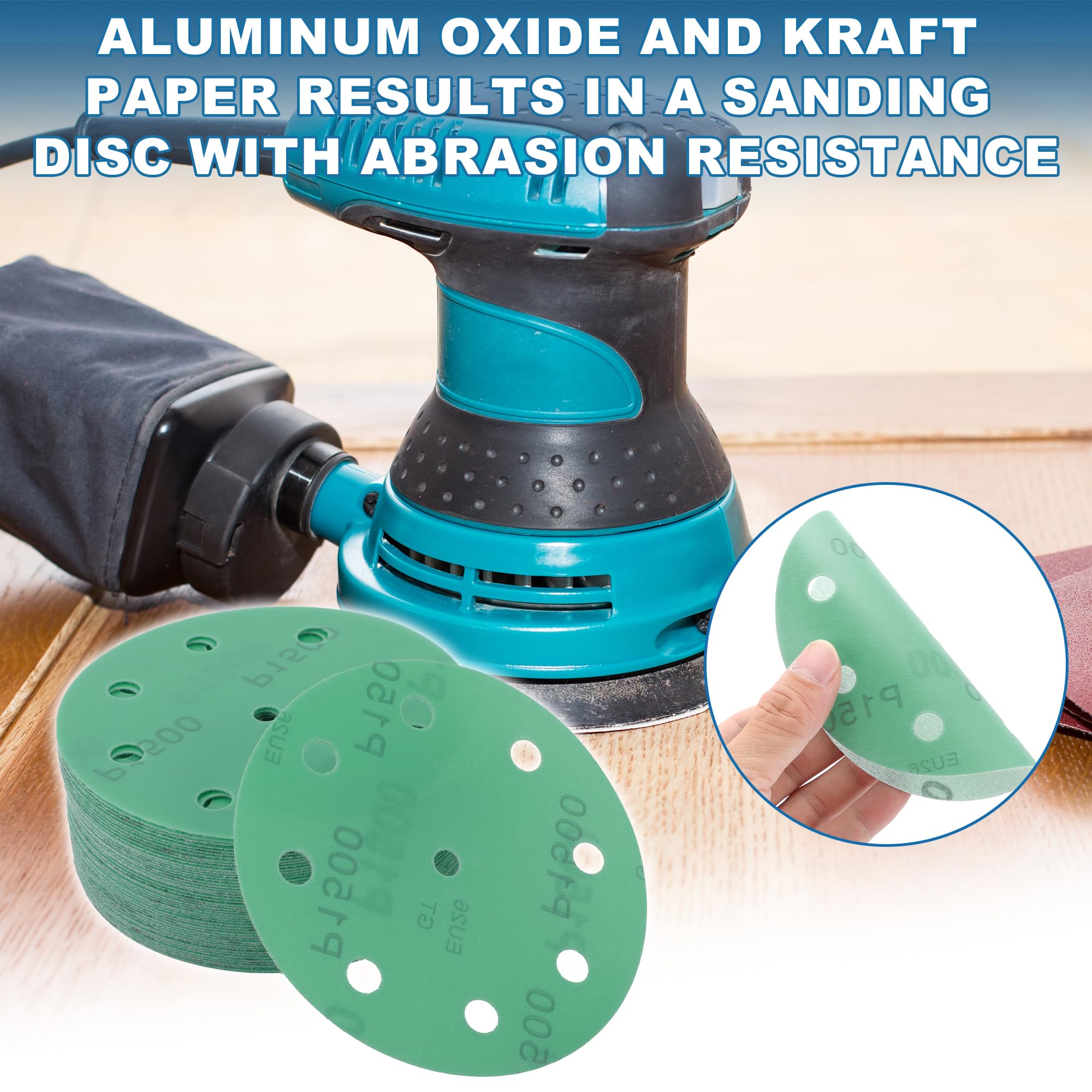 A ABSOPRO Sanding Discs 5 Inch 9 Hole 1500 Grit Round Hook and Loop Sandpaper Aluminum Oxide Green 50pcs, 5" - Image 2