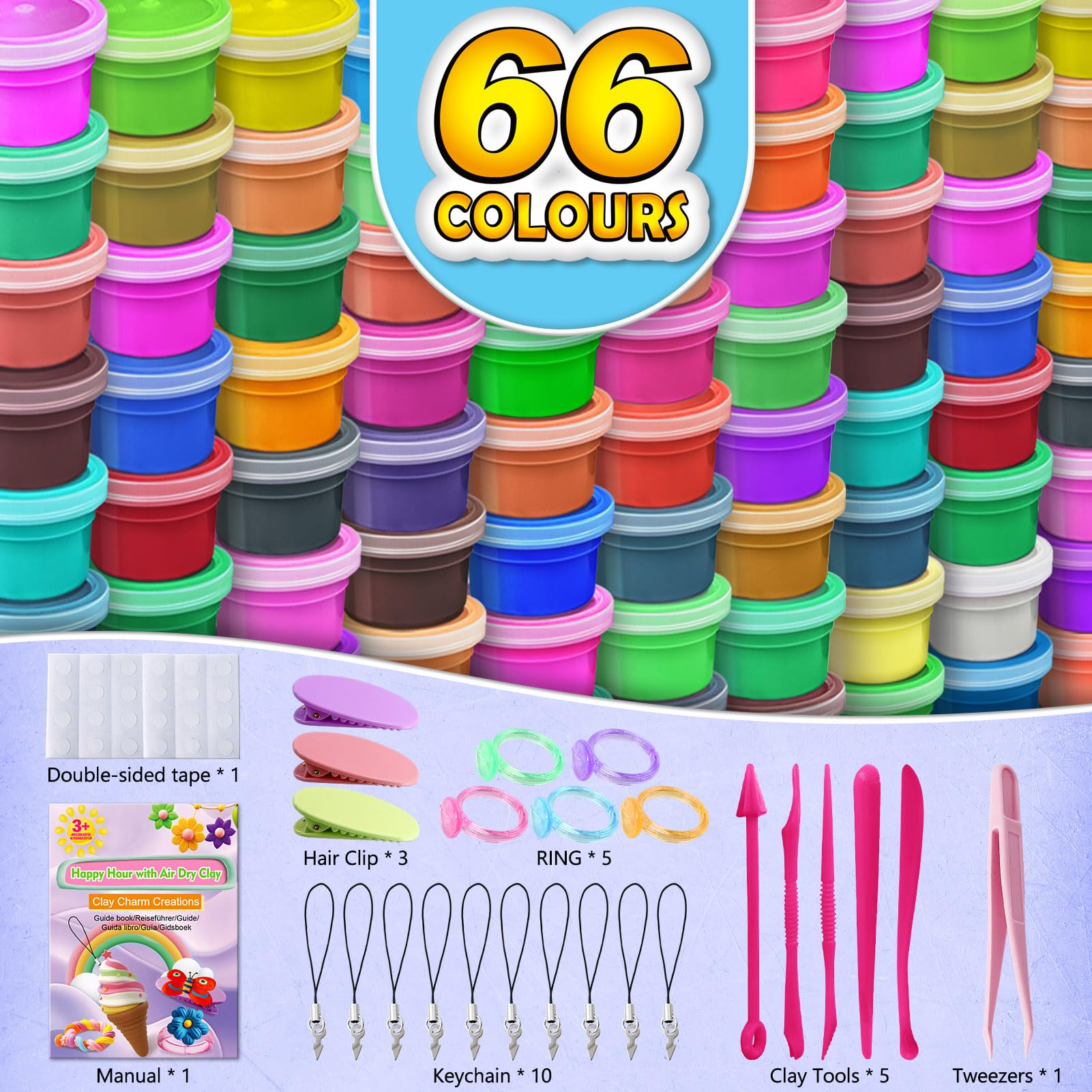ESSENSON Lufttrocknendes Ton-Set, 66 Farben, Modelliermasse, Bastelarbeiten, Schulprojekte, ideales Partygeschenk, Bastelgeschenk für Kinder