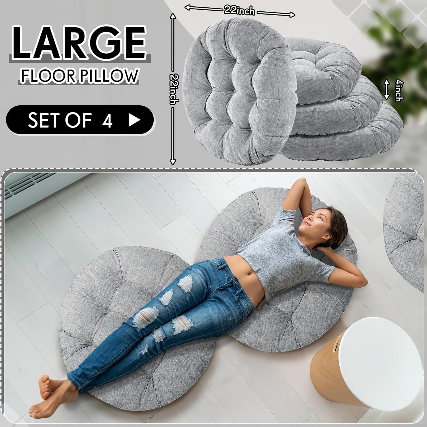 jerify 4 pcs floor pillow cushions 22 x 22 inch round square large meditation floor pillow for classroom adult meditation picnic party seating learning daycare school (round,light grey) round light grey 4