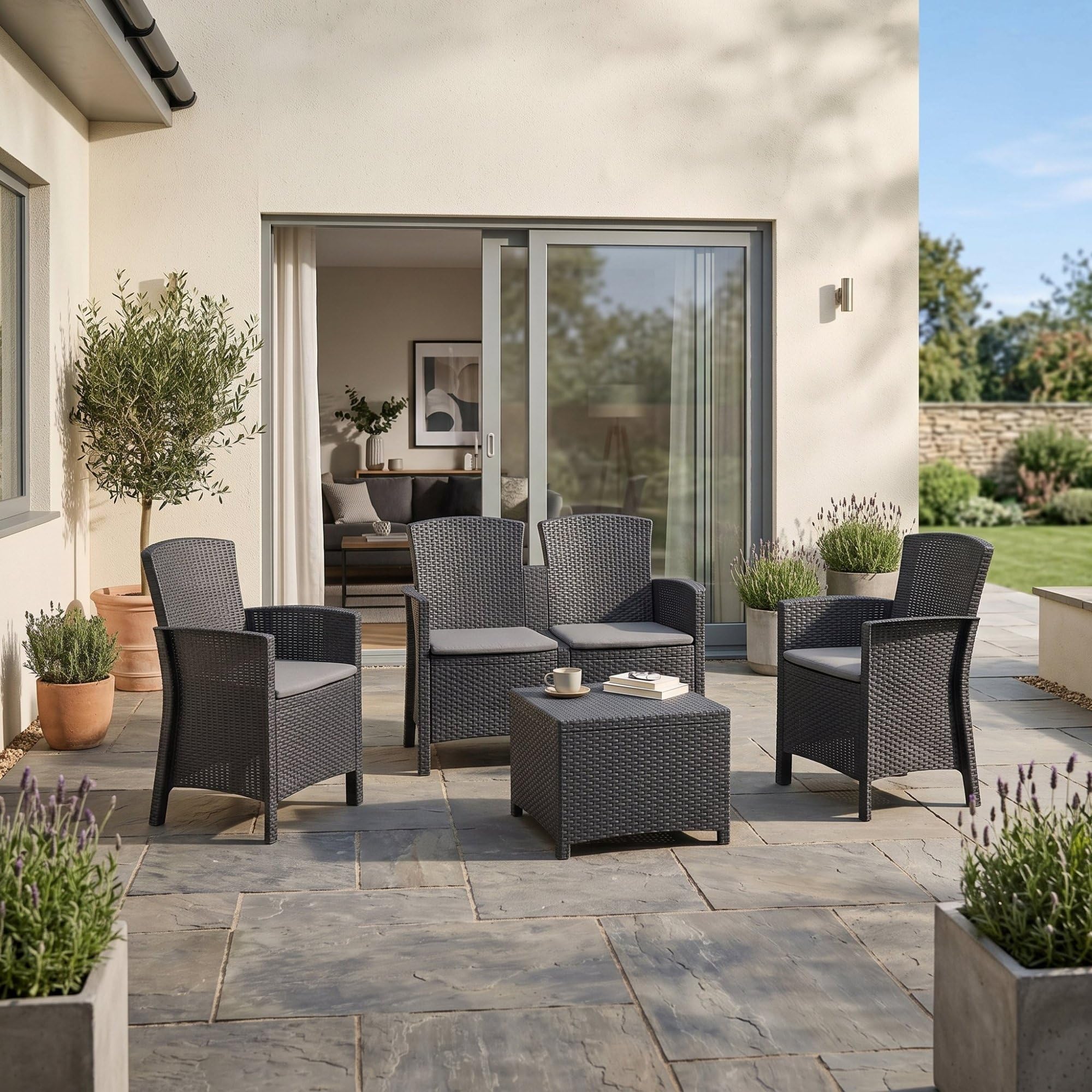 Dmora - Set Salotto da Esterno Urano, Set da Giardino con Cuscini, Salottino Indoor e Outdoor Effetto Rattan, 100% Made in Italy, Antracite