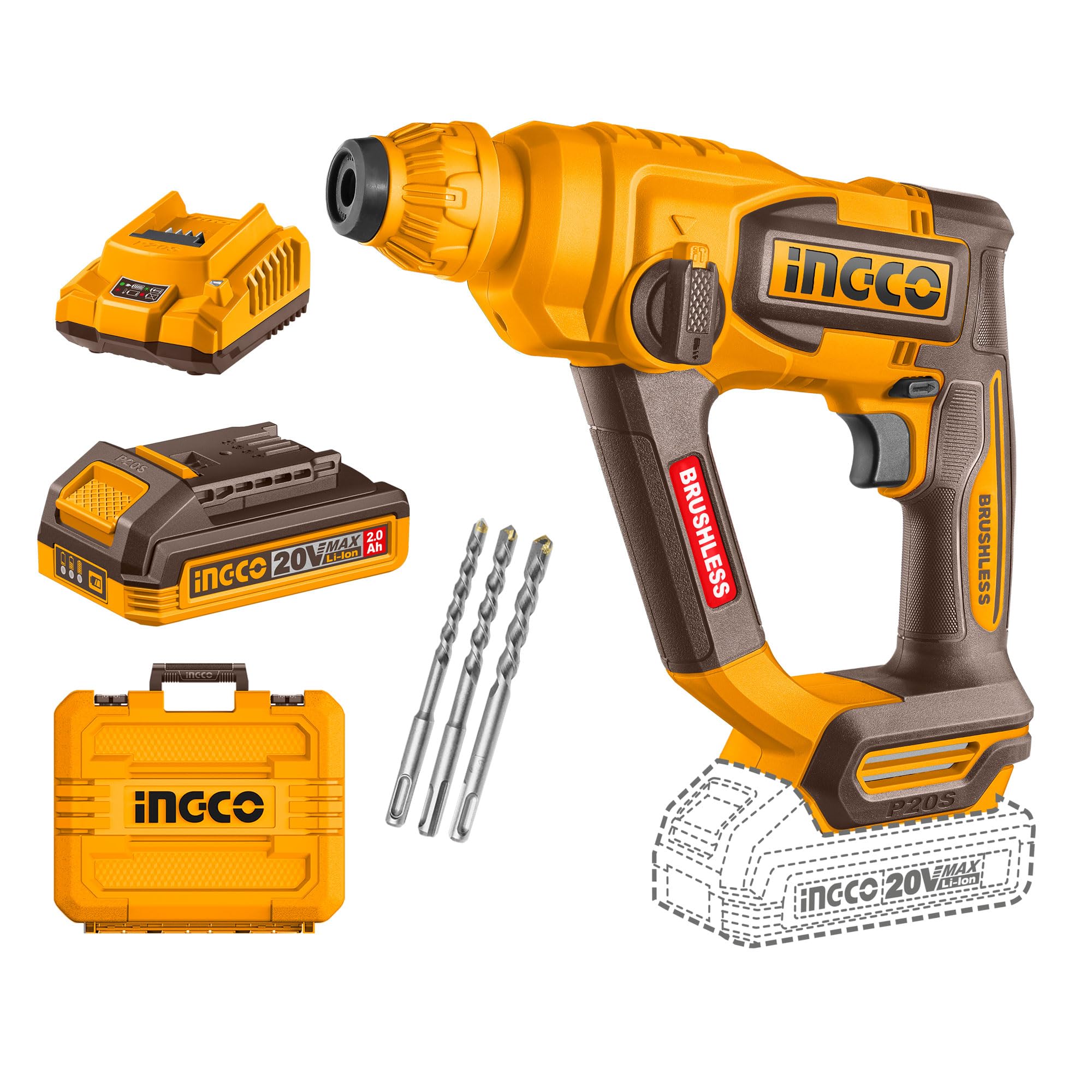 INGCO 20V Cordless Rotary Hammer, 1.5J, 850RPM, Φ18 in Concrete, SDS Plus Chuck System, LED Work Lights, with 1Pcs 2.0Ah Battery And Charger-picture-30