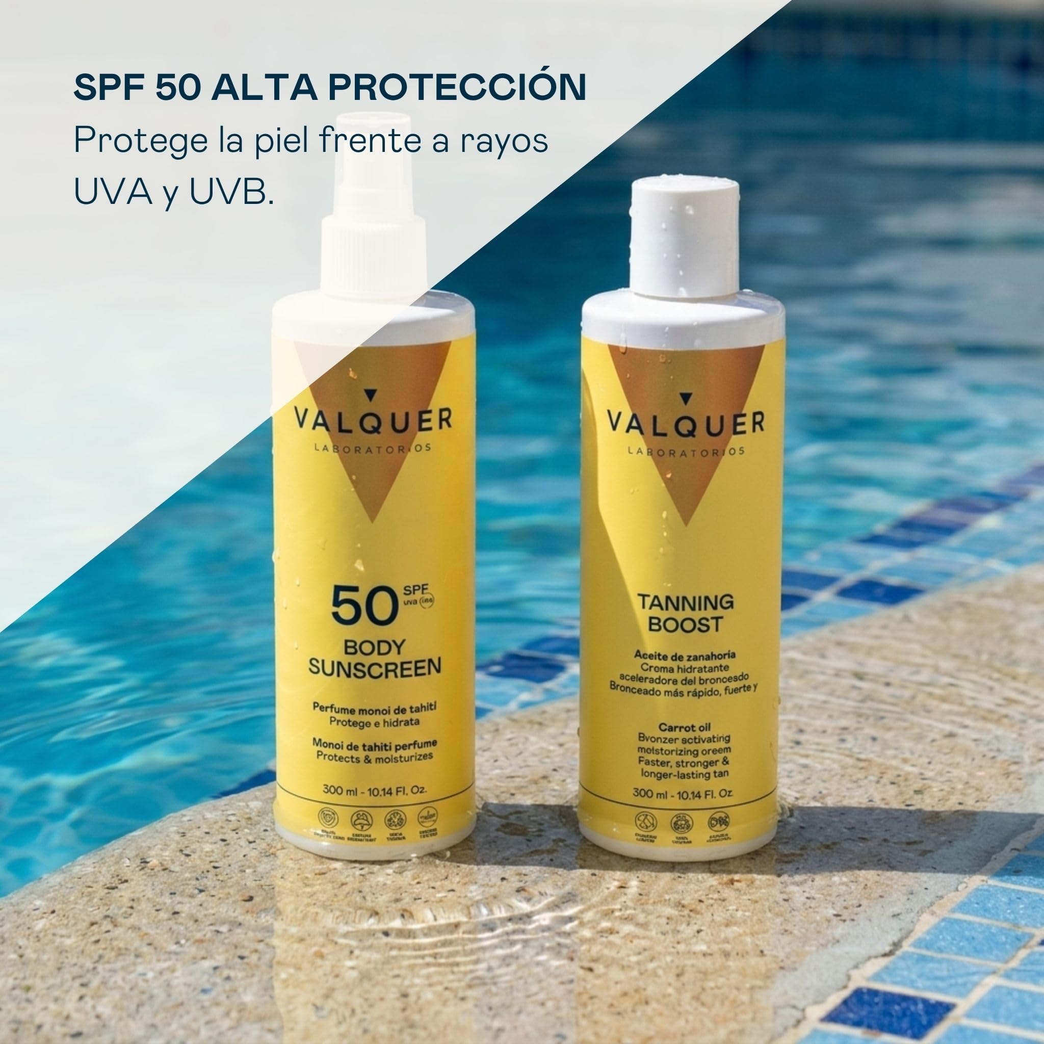 Valquer Pack Solar Corporal Protector 300 ml y Crema Aceleradora 300 ml | Protección SPF 50 Proporciona una Piel Bronceada, Hidratada y Suave | Aroma Monoi de Tahití | Vegano