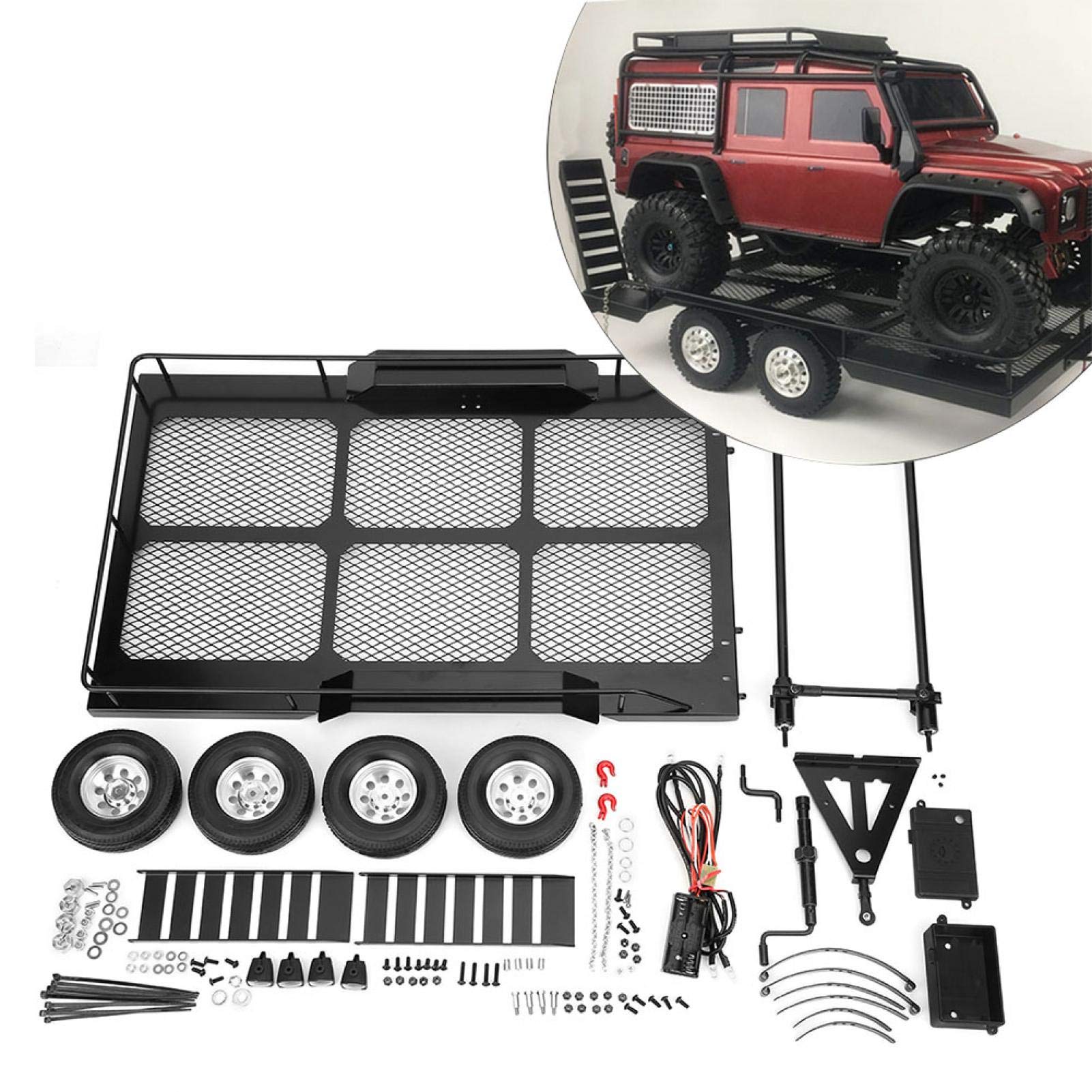 Remorque RC, Accessoire de remorque de Voiture en métal avec Quatre pneus pour Voiture 1/10 RC