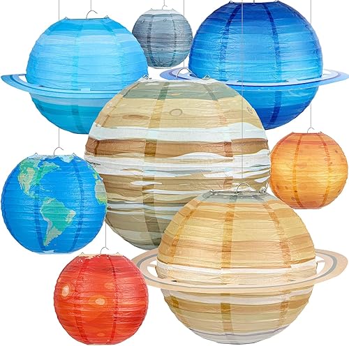Hortsun Paquete de 8 linternas de papel espaciales, sistema solar de fuera de este mundo, linternas colgantes de planetas para decoración de fiestas