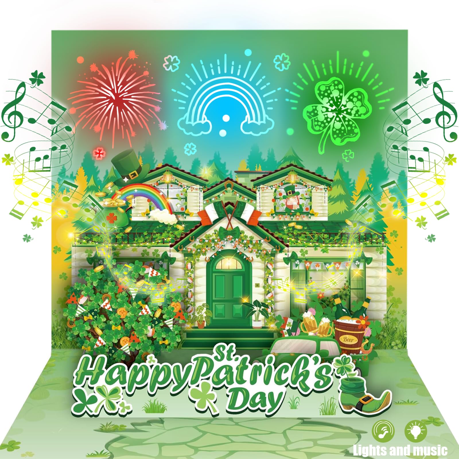 DTESL St Patricks Day Card, firework light and music for Happy St Patricks Day Pop Up Card, Saint Patricks Day Greeting Cards with Envelope, Funny St